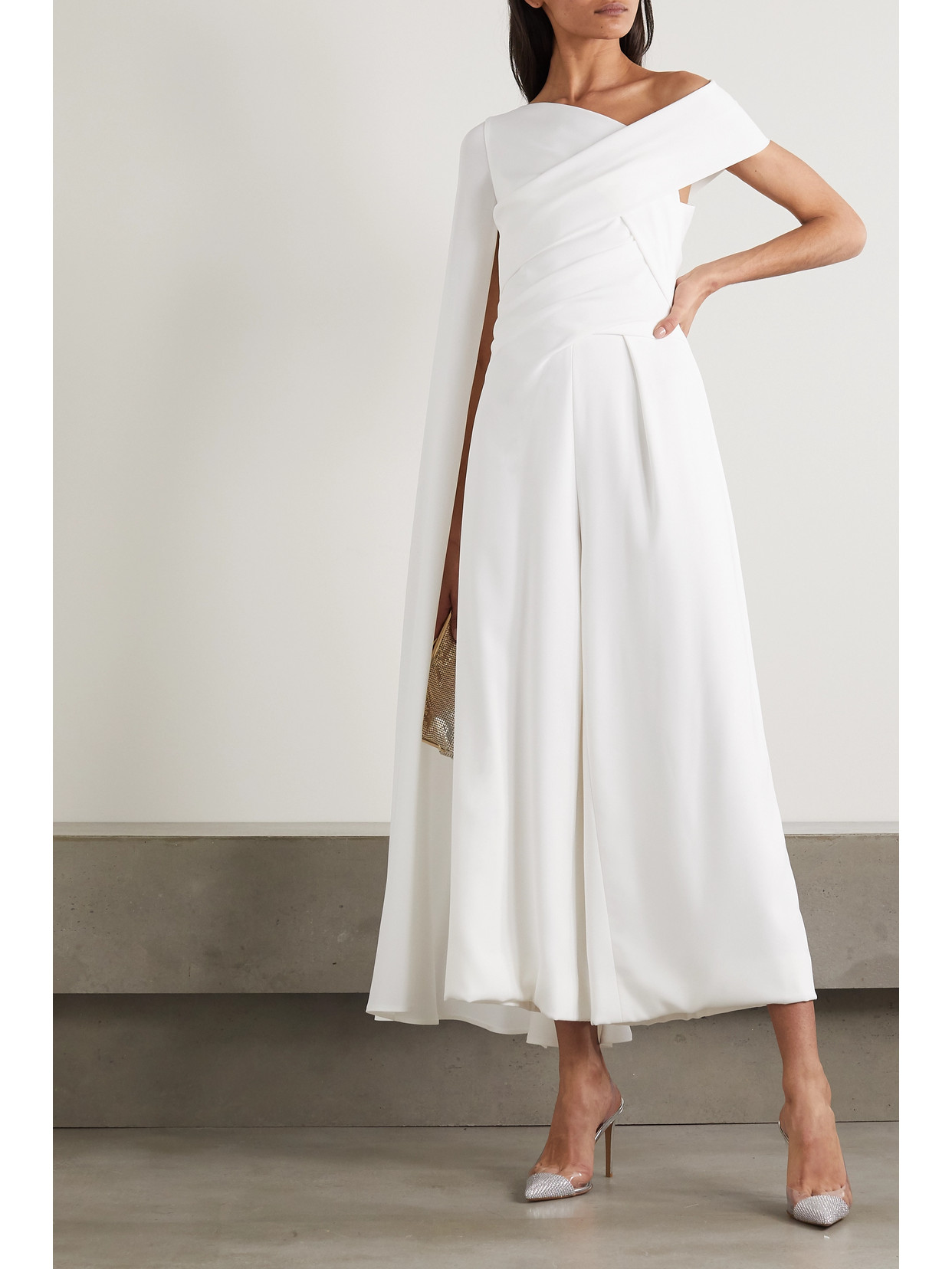 Talbot Runhof Sina Cape-effect Gathered Crepe Jumpsuit In White