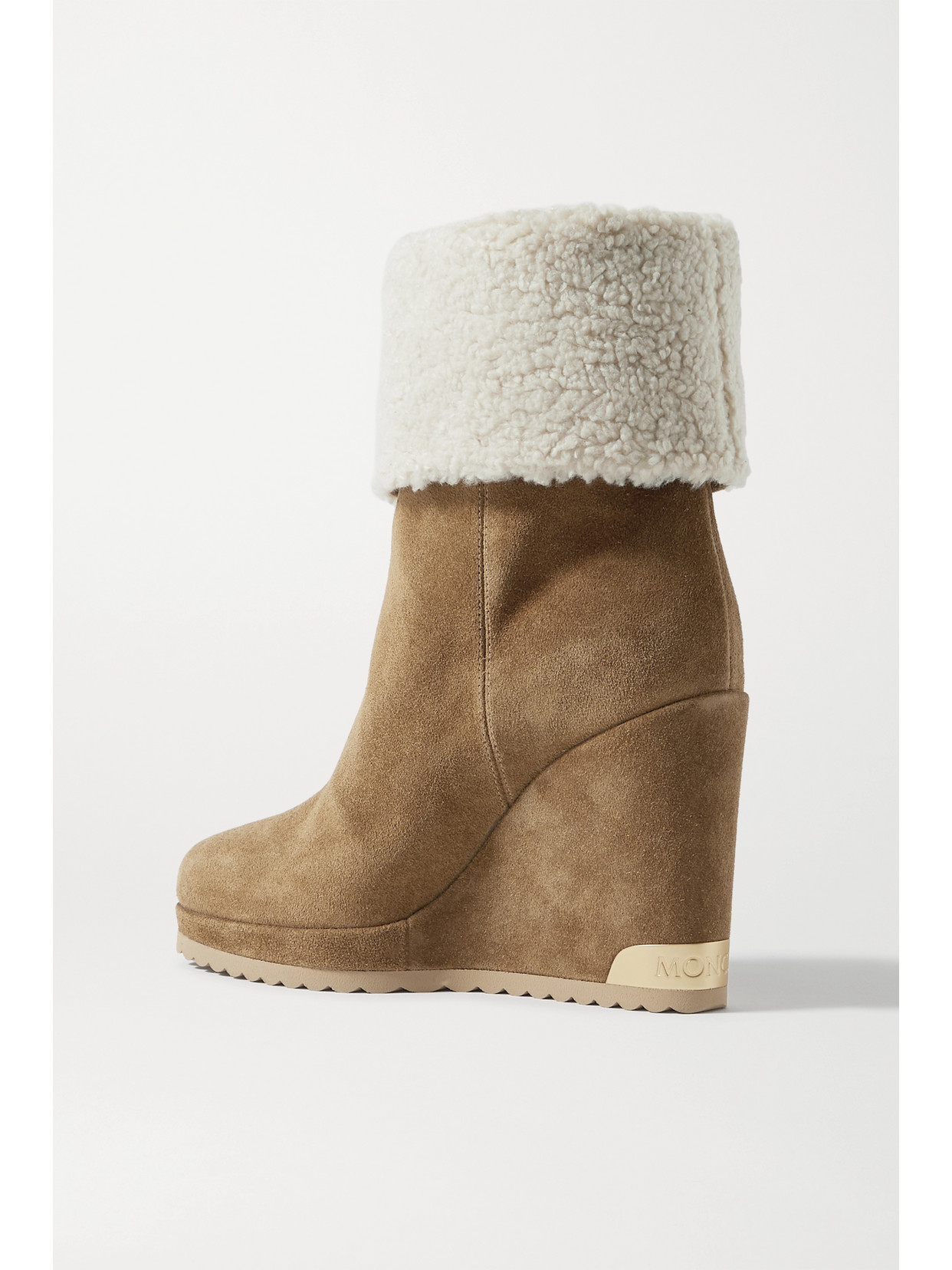 MONCLER W SHORT SHEARLING-LINED SUEDE WEDGE ANKLE BOOTS