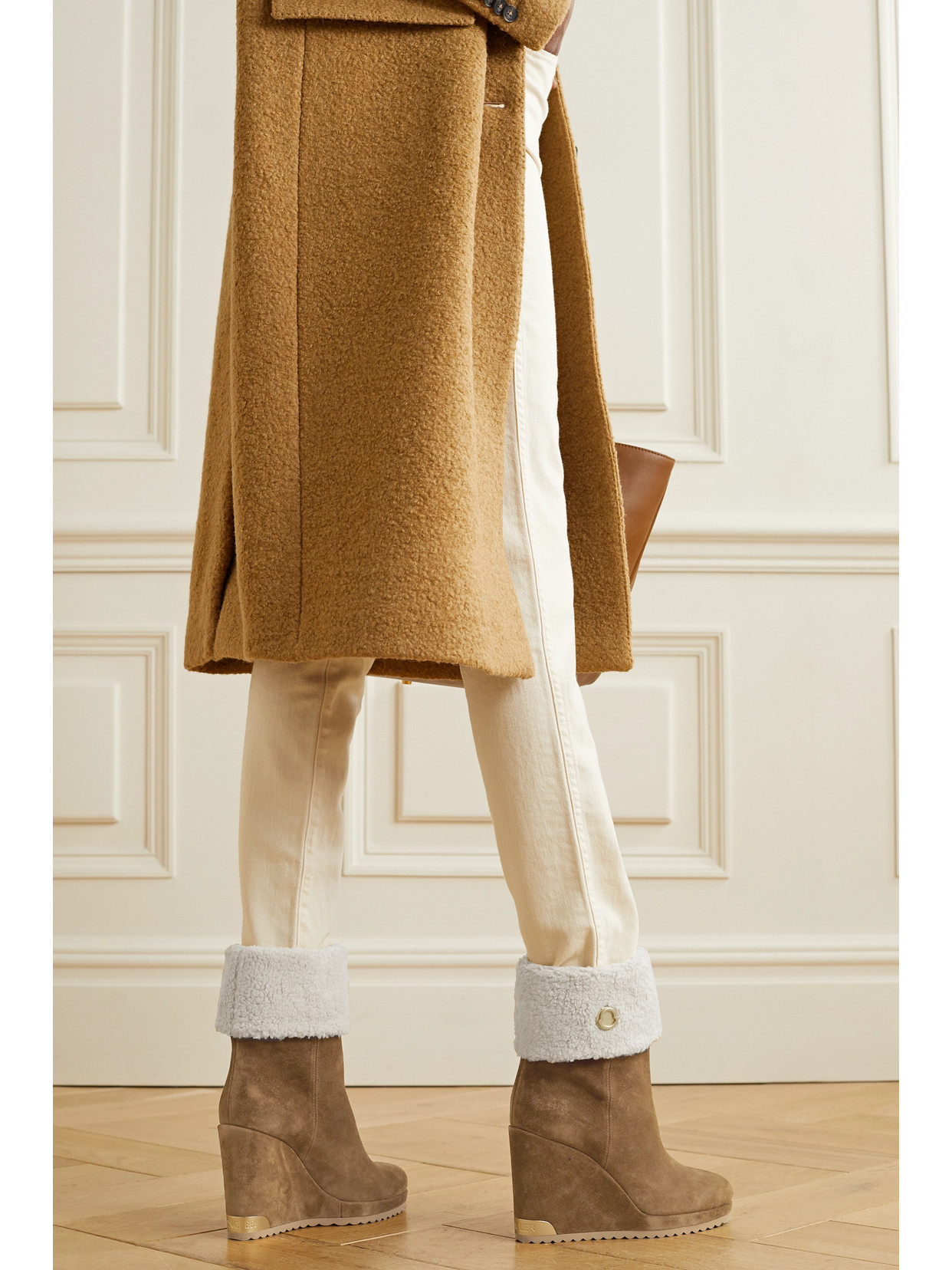 MONCLER W SHORT SHEARLING-LINED SUEDE WEDGE ANKLE BOOTS