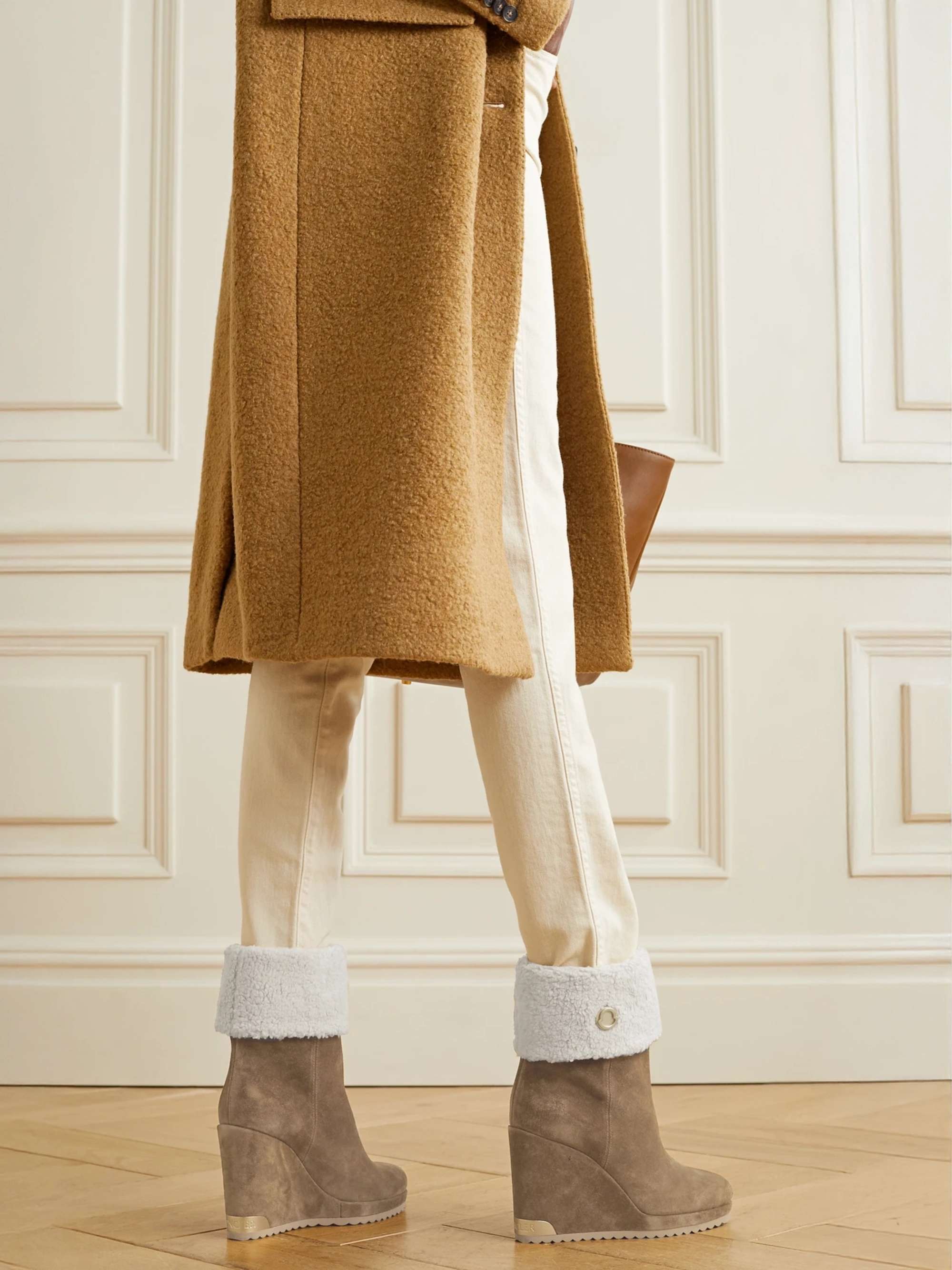 MONCLER W Short shearling-lined suede wedge ankle boots