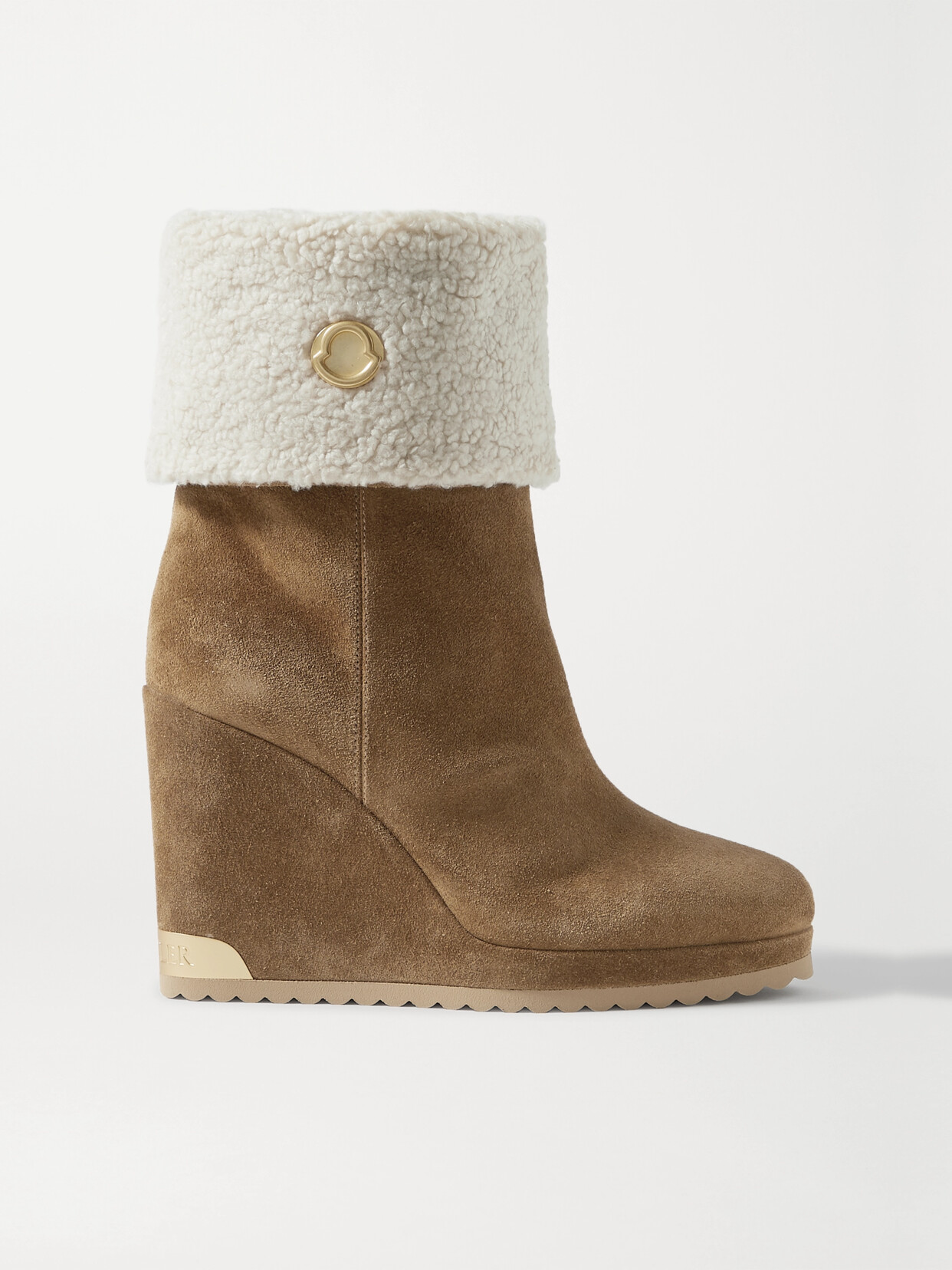 Moncler W Short Shearling-lined Suede Wedge Ankle Boots In Tan