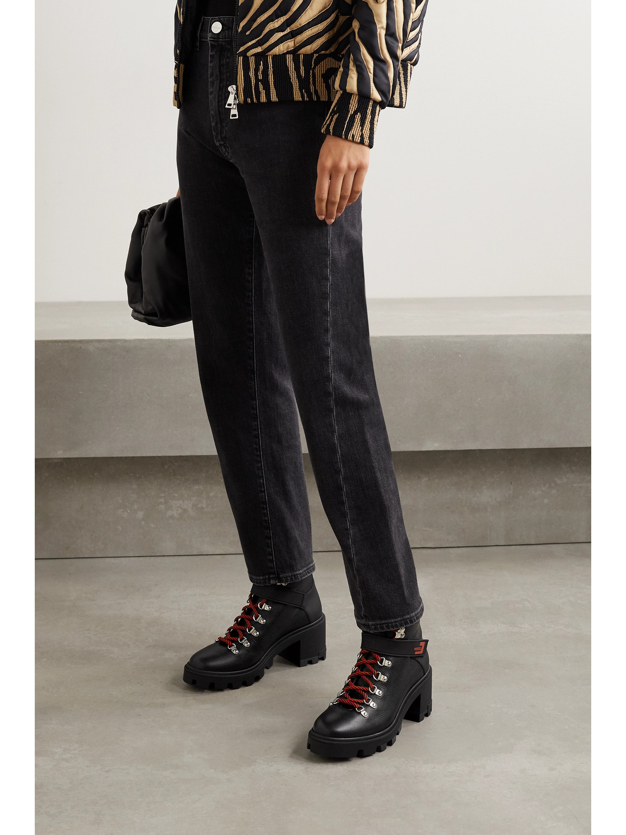 Moncler Carol Rubber-trimmed Textured-leather Ankle Boots In Black