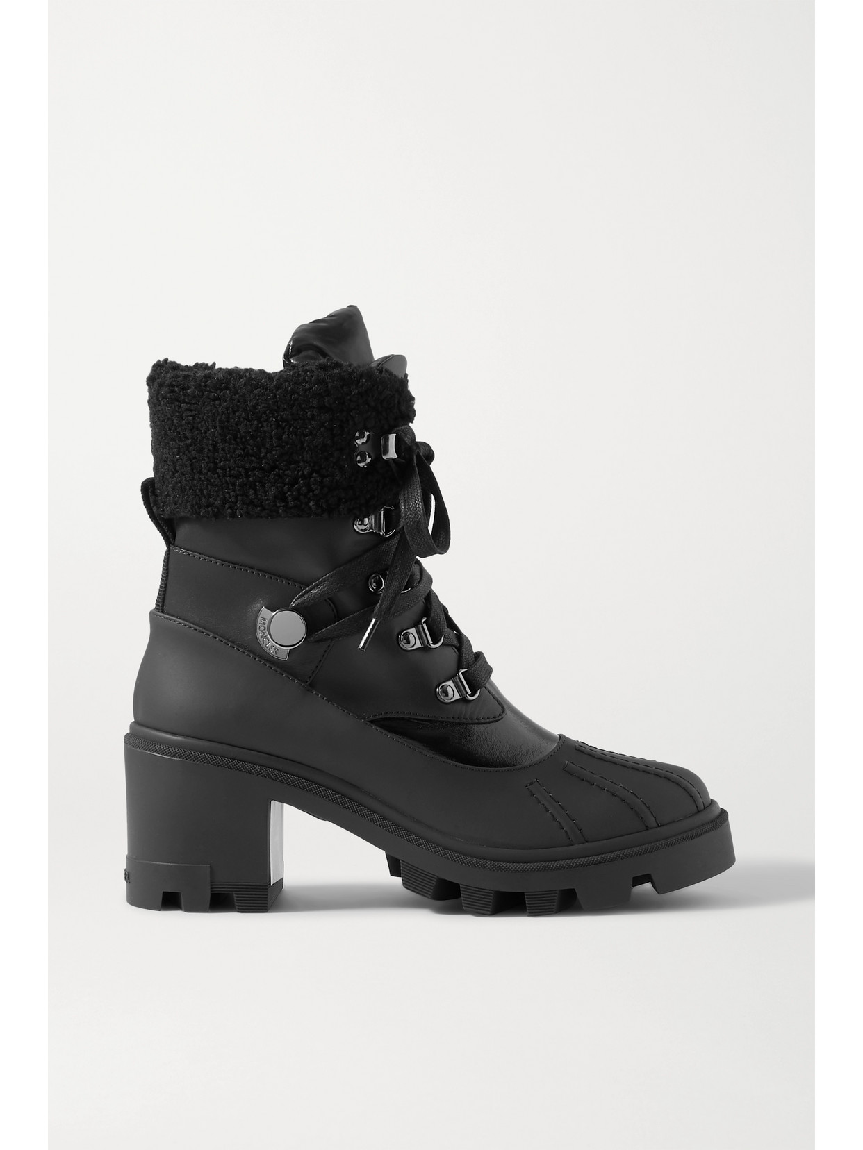 MONCLER CORINNE LEATHER AND FAUX SHEARLING-TRIMMED RUBBER ANKLE BOOTS