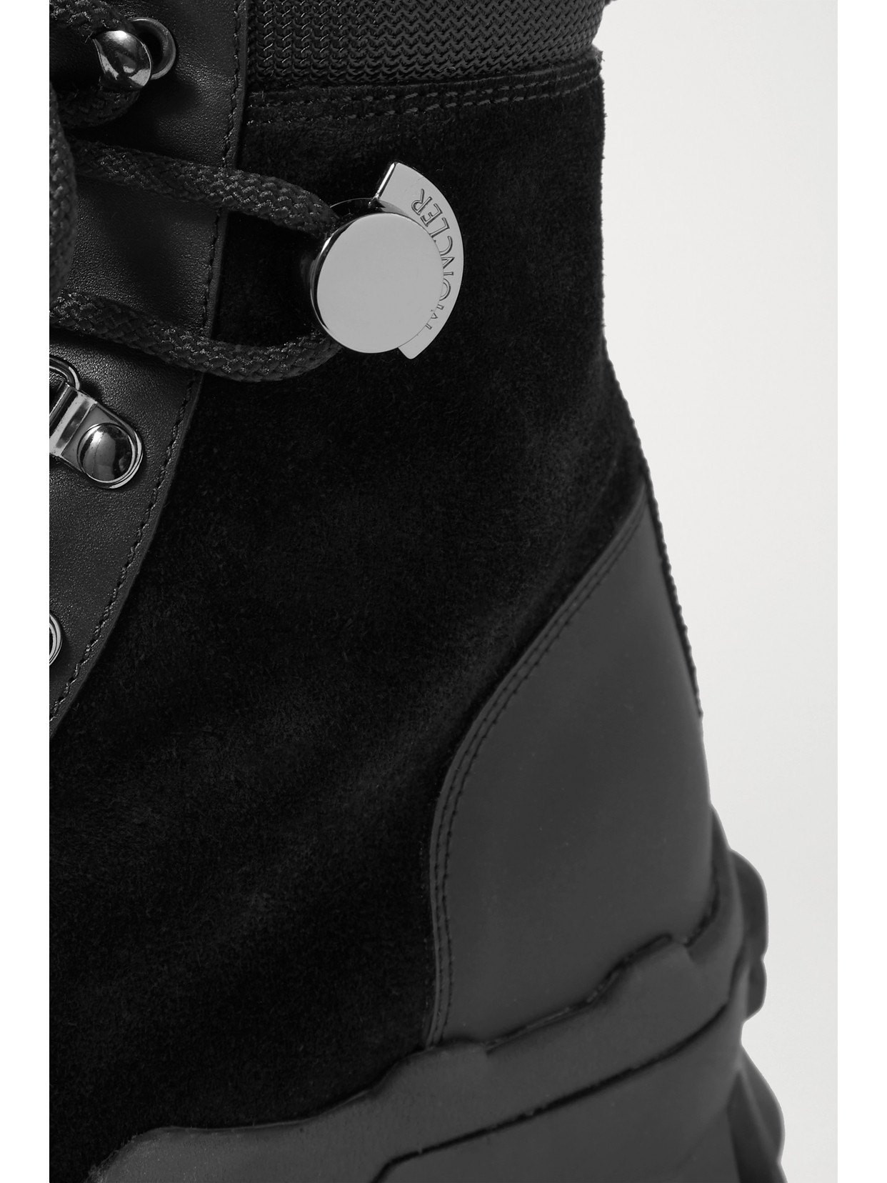 MONCLER HELIS LOGO-PRINT LEATHER-TRIMMED SUEDE ANKLE BOOTS