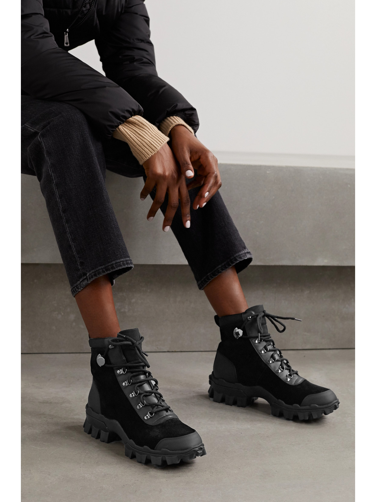Shop Moncler Helis Logo-print Leather-trimmed Suede Ankle Boots In Black