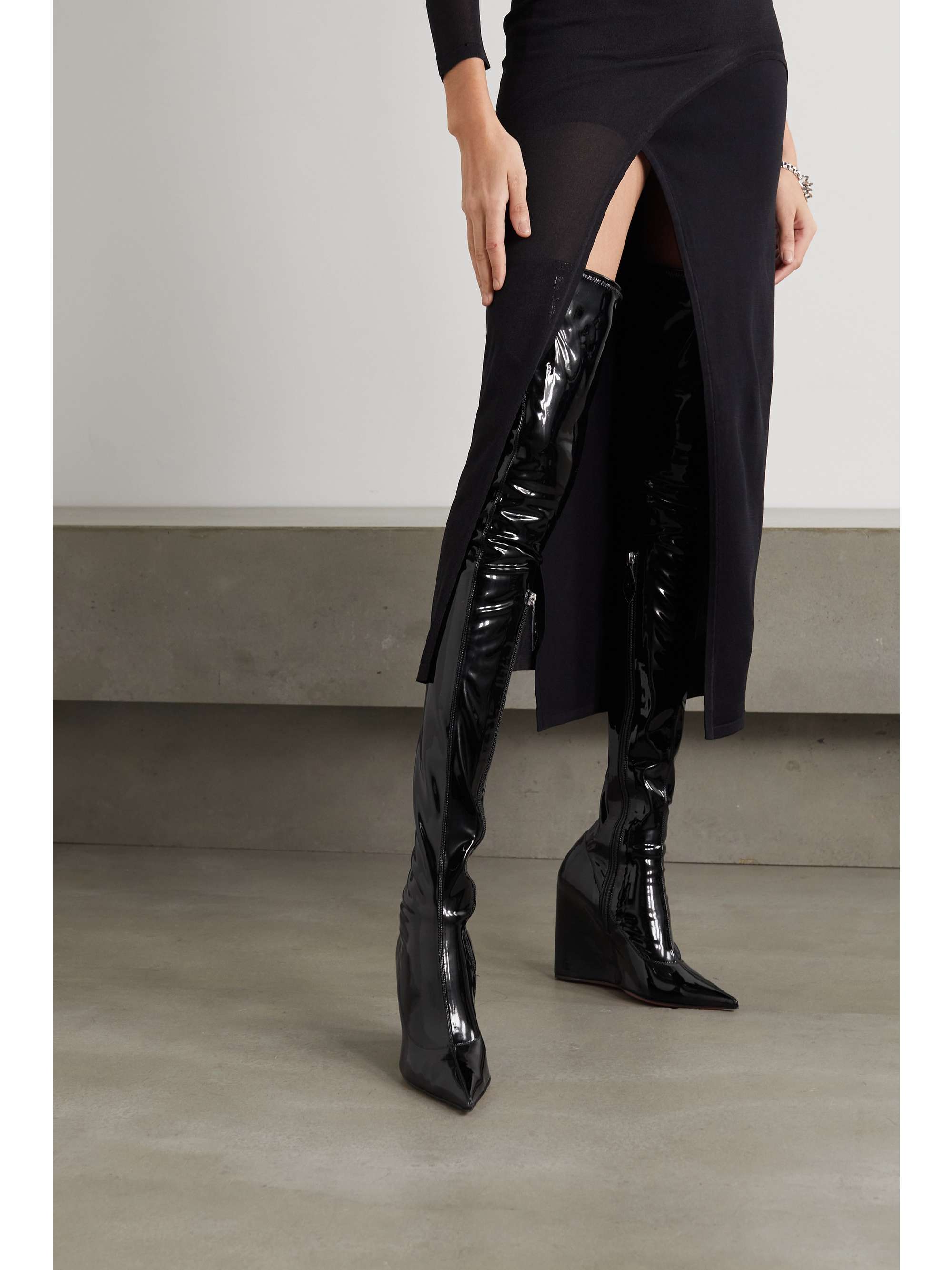 AMINA MUADDI Danielle stretch latex wedge thigh boots NET A PORTER