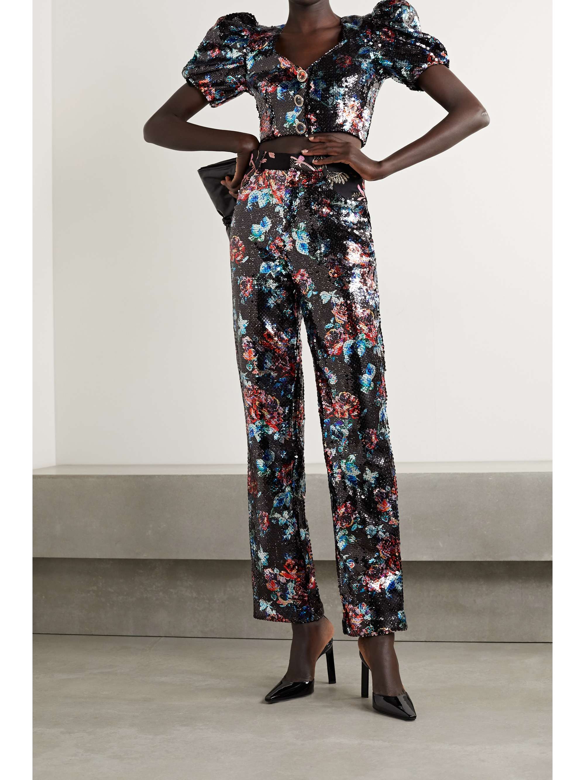 Black Brocade-trimmed sequined tulle 