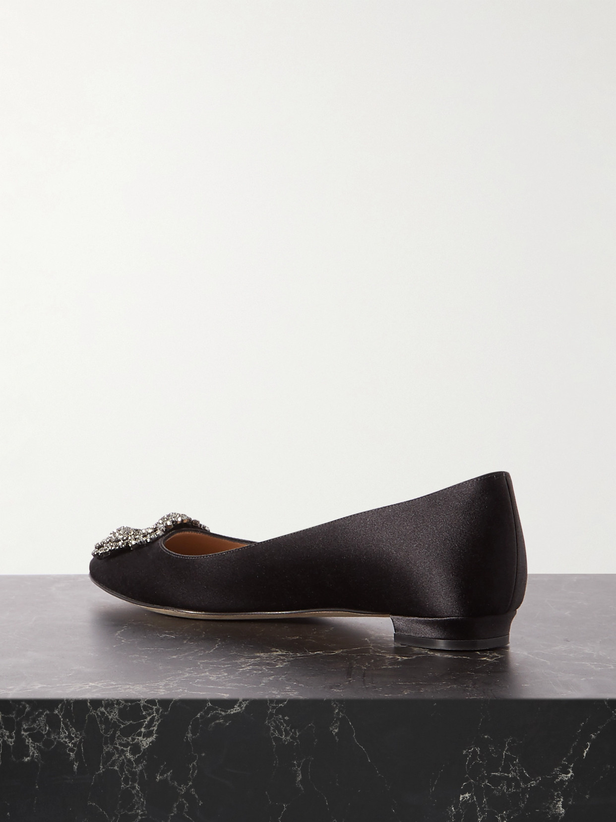 Shop Manolo Blahnik Hangisi Embellished Satin Point-toe Flats In Black