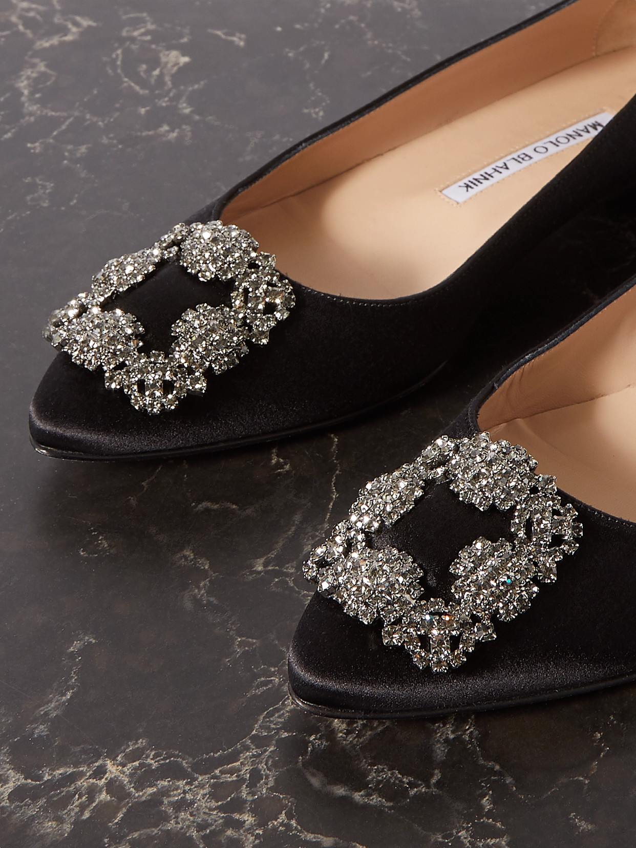 Shop Manolo Blahnik Hangisi Embellished Satin Point-toe Flats In Black