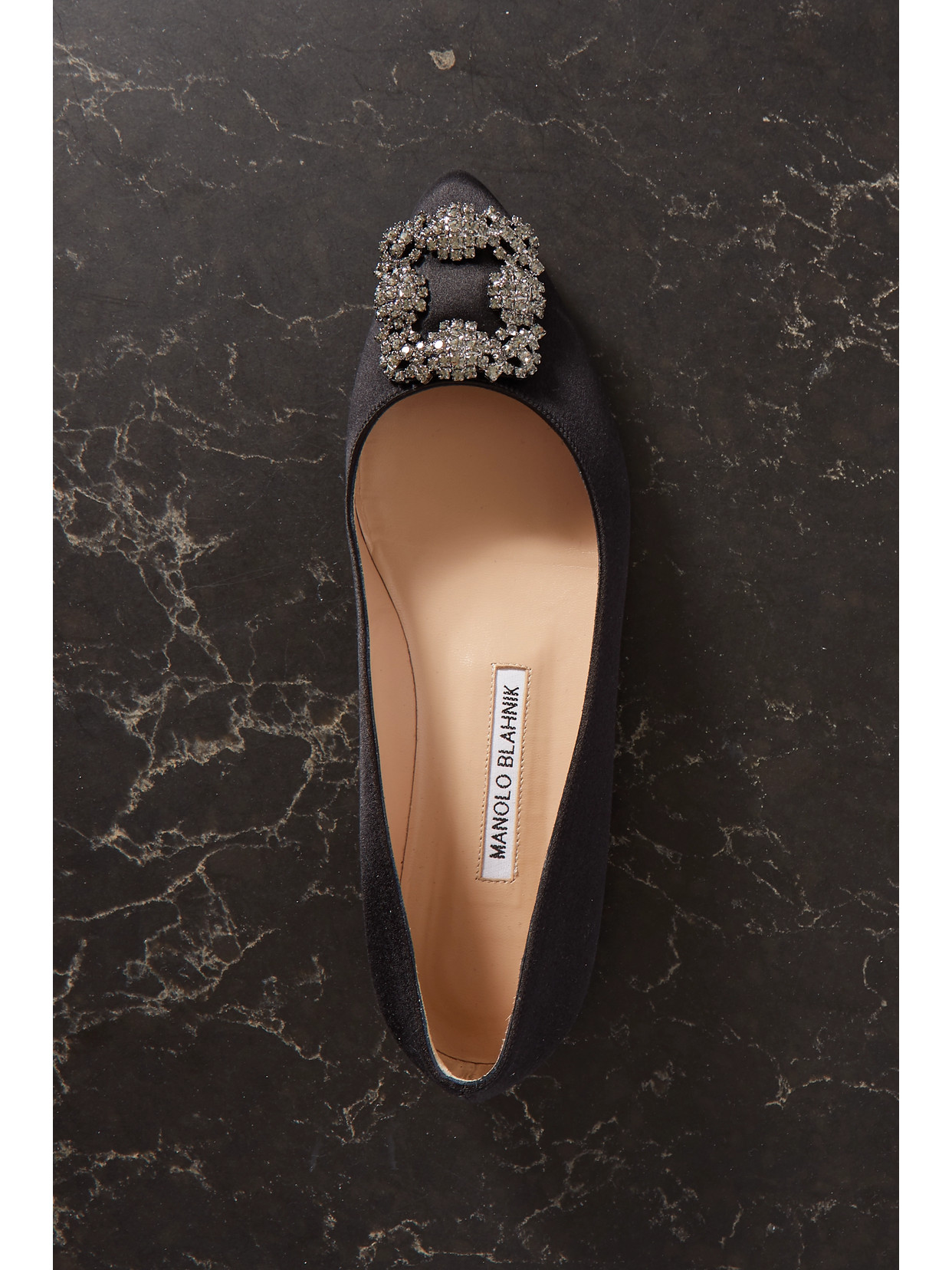 Shop Manolo Blahnik Hangisi Embellished Satin Point-toe Flats In Black