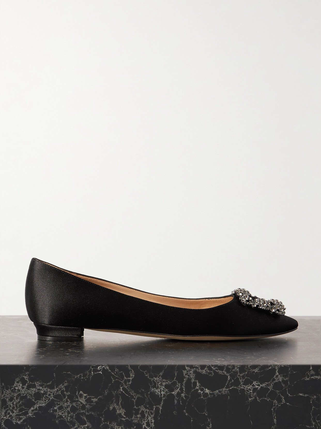 Shop Manolo Blahnik Hangisi Embellished Satin Point-toe Flats In Black