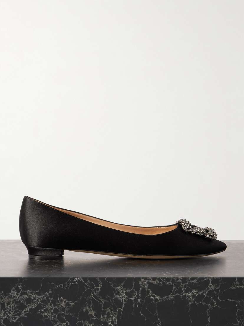 Manolo Blahnik Hangisi Crystal-embellished Satin Point-toe Flats