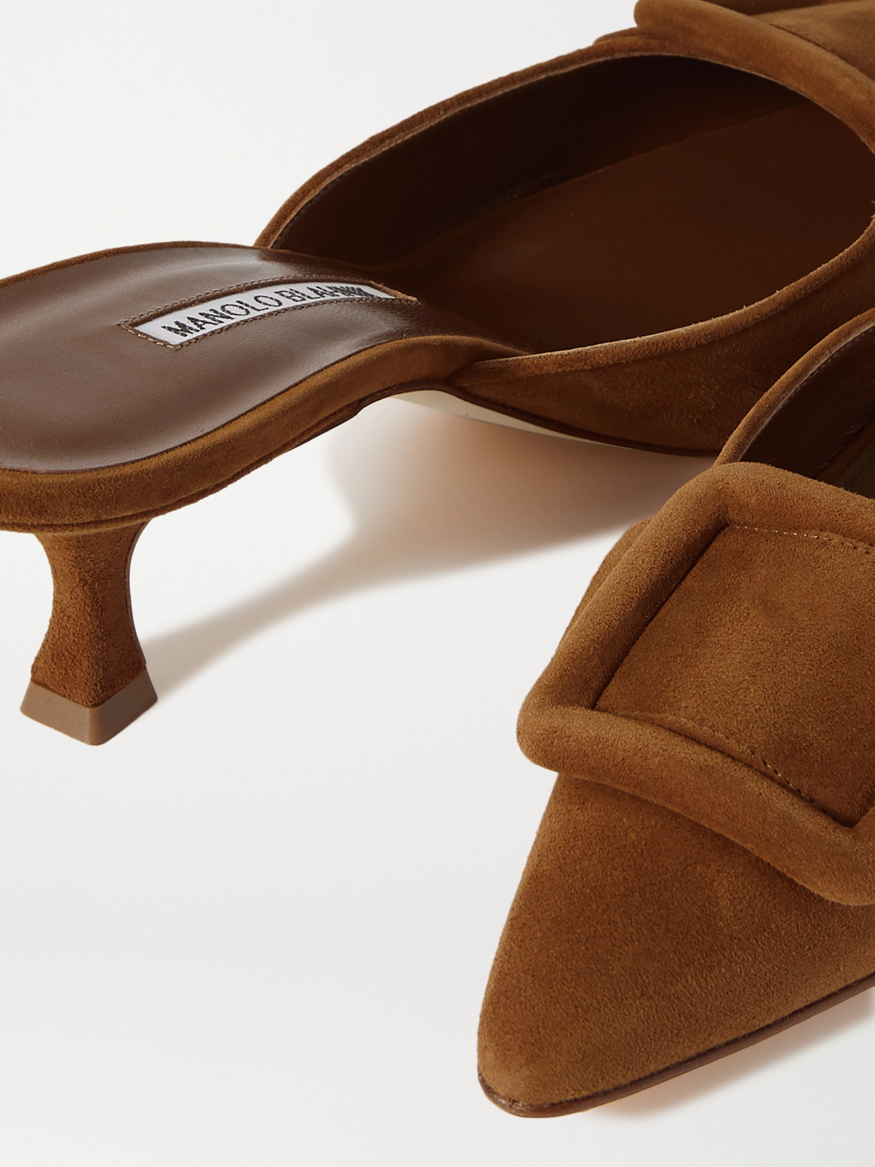Manolo Blahnik Maysale 50 Buckled Suede Mules In Tan