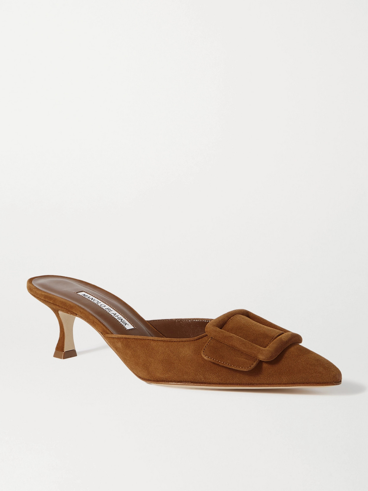 Shop Manolo Blahnik Maysale 50 Buckled Suede Mules In Tan