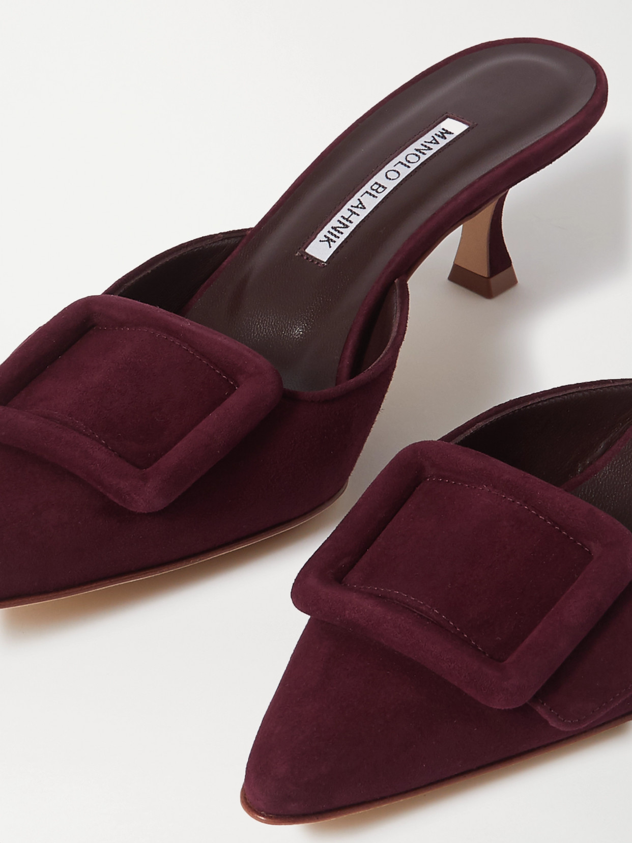 Shop Manolo Blahnik Maysale 50 Buckled Suede Mules In Burgundy