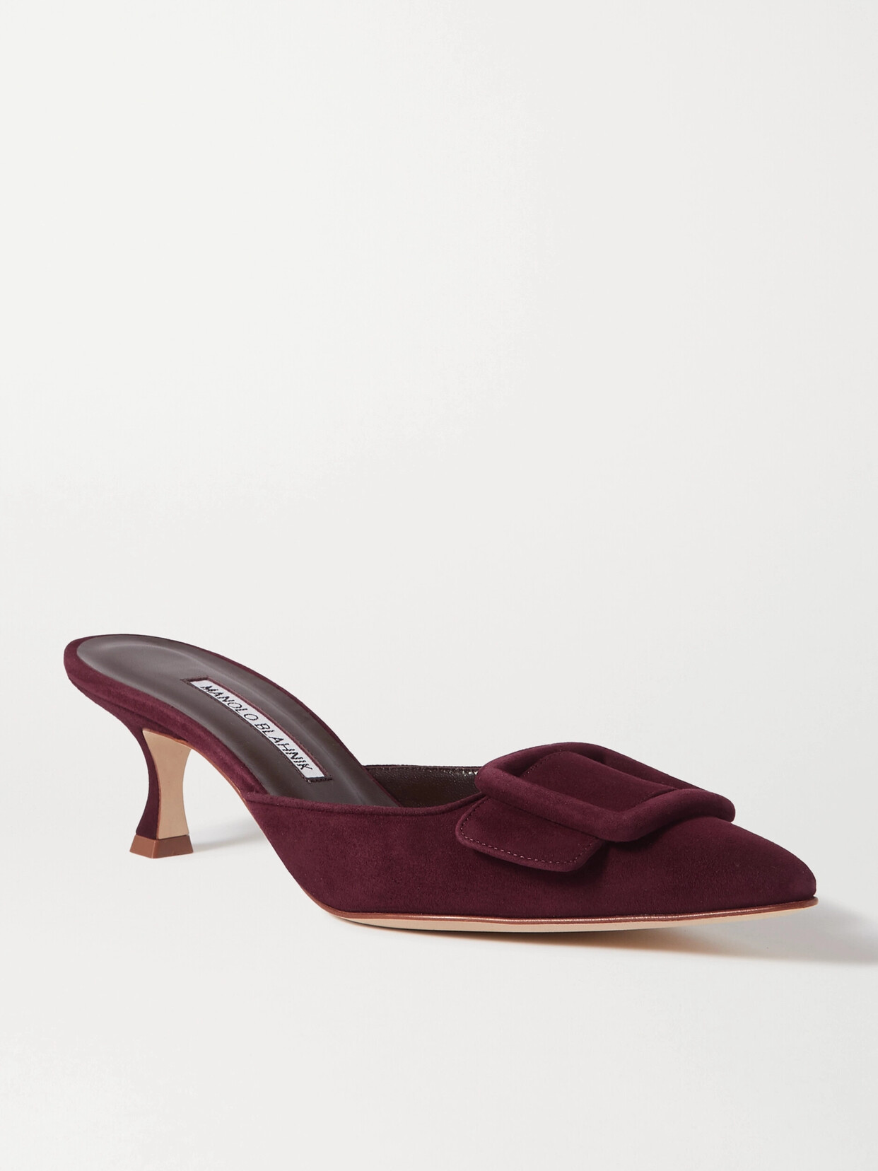 Shop Manolo Blahnik Maysale 50 Buckled Suede Mules In Burgundy