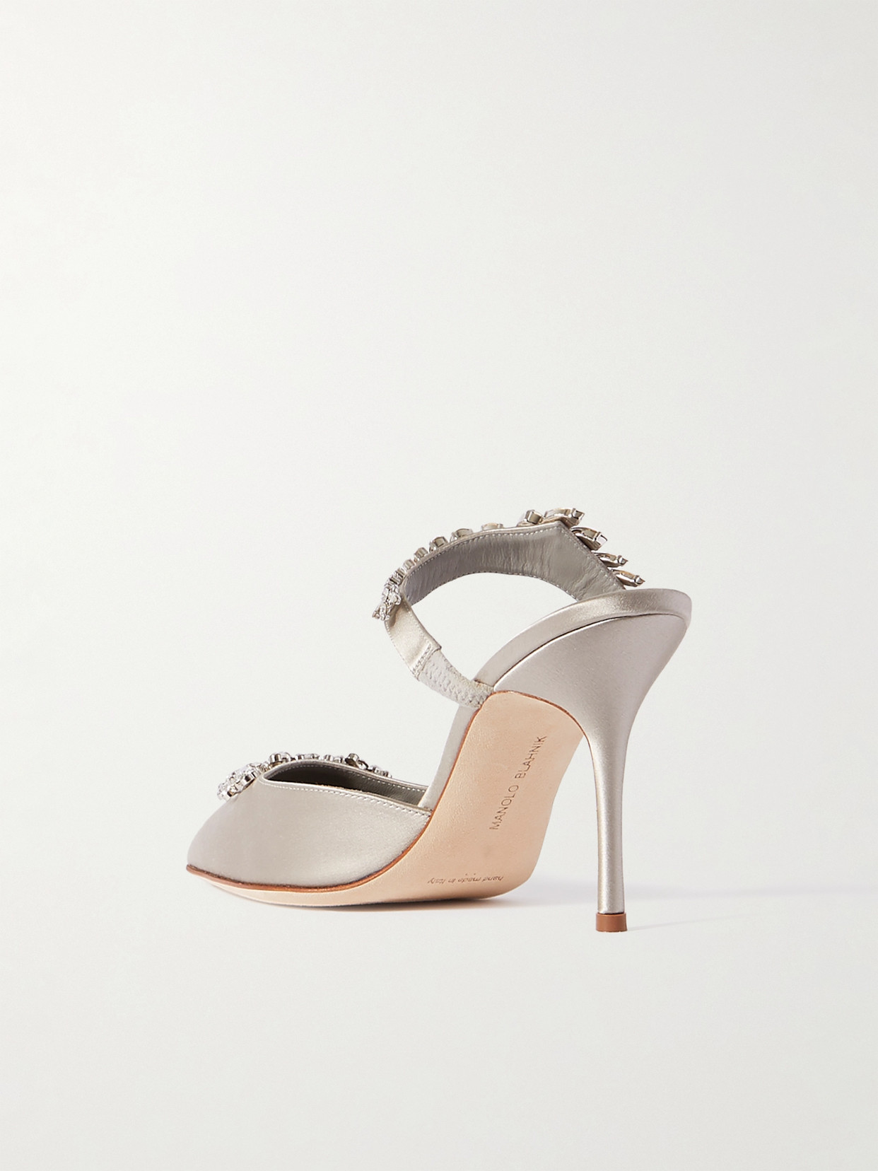 Shop Manolo Blahnik Lurum 90 Crystal-embellished Satin Mules In Gray