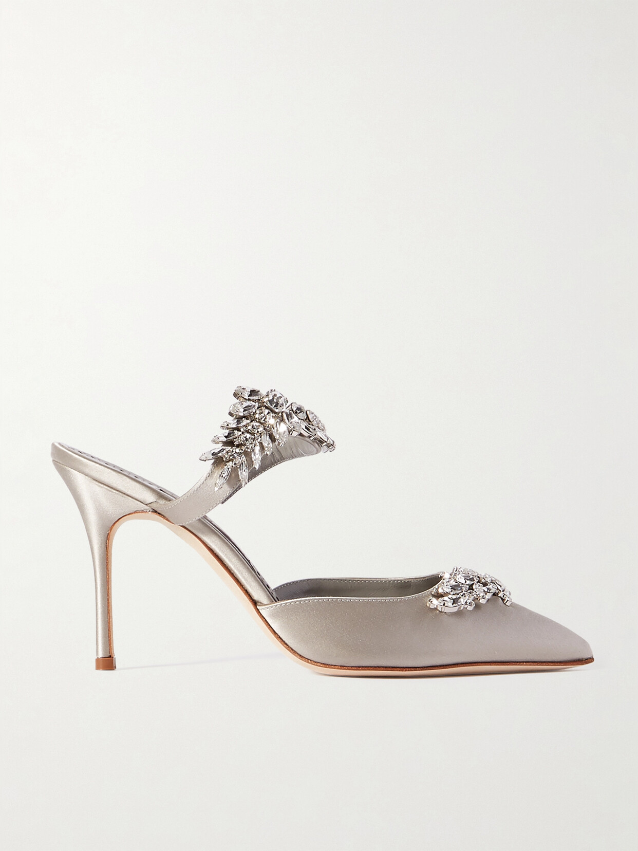 Shop Manolo Blahnik Lurum 90 Crystal-embellished Satin Mules In Gray