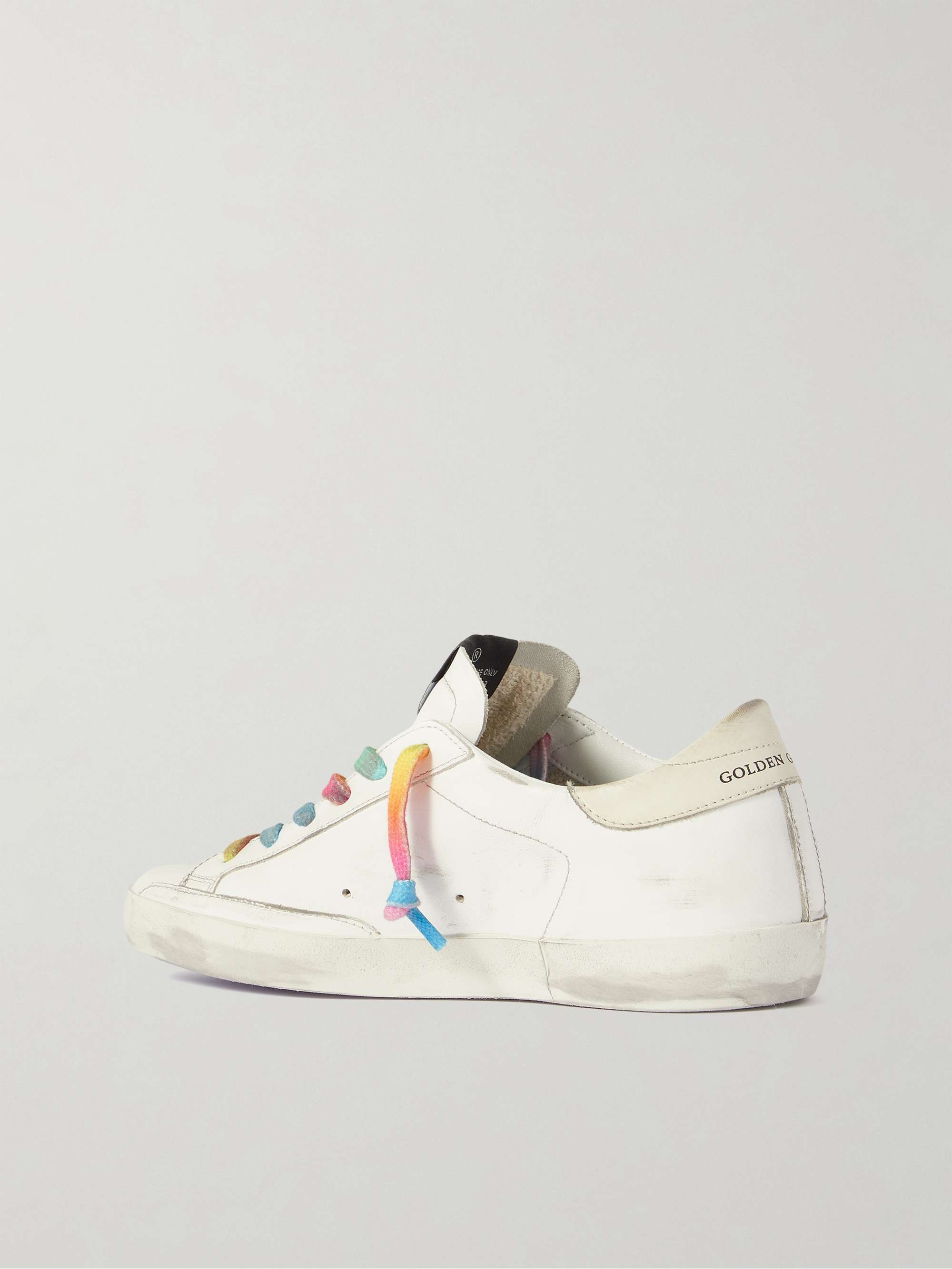 White Superstar faux pearl-embellished distressed leather sneakers ...