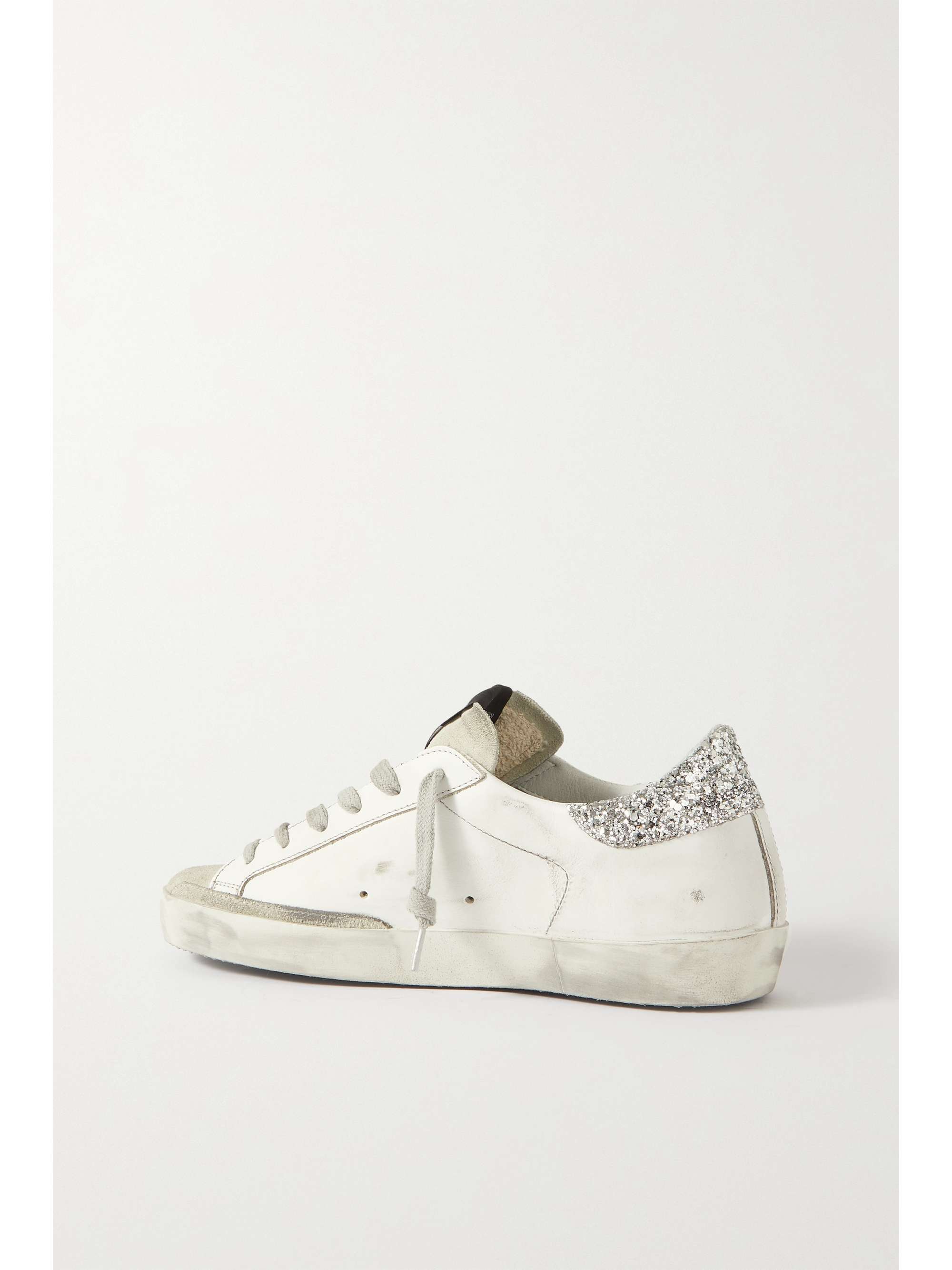 GOLDEN GOOSE Superstar glittered distressed leather and suede sneakers