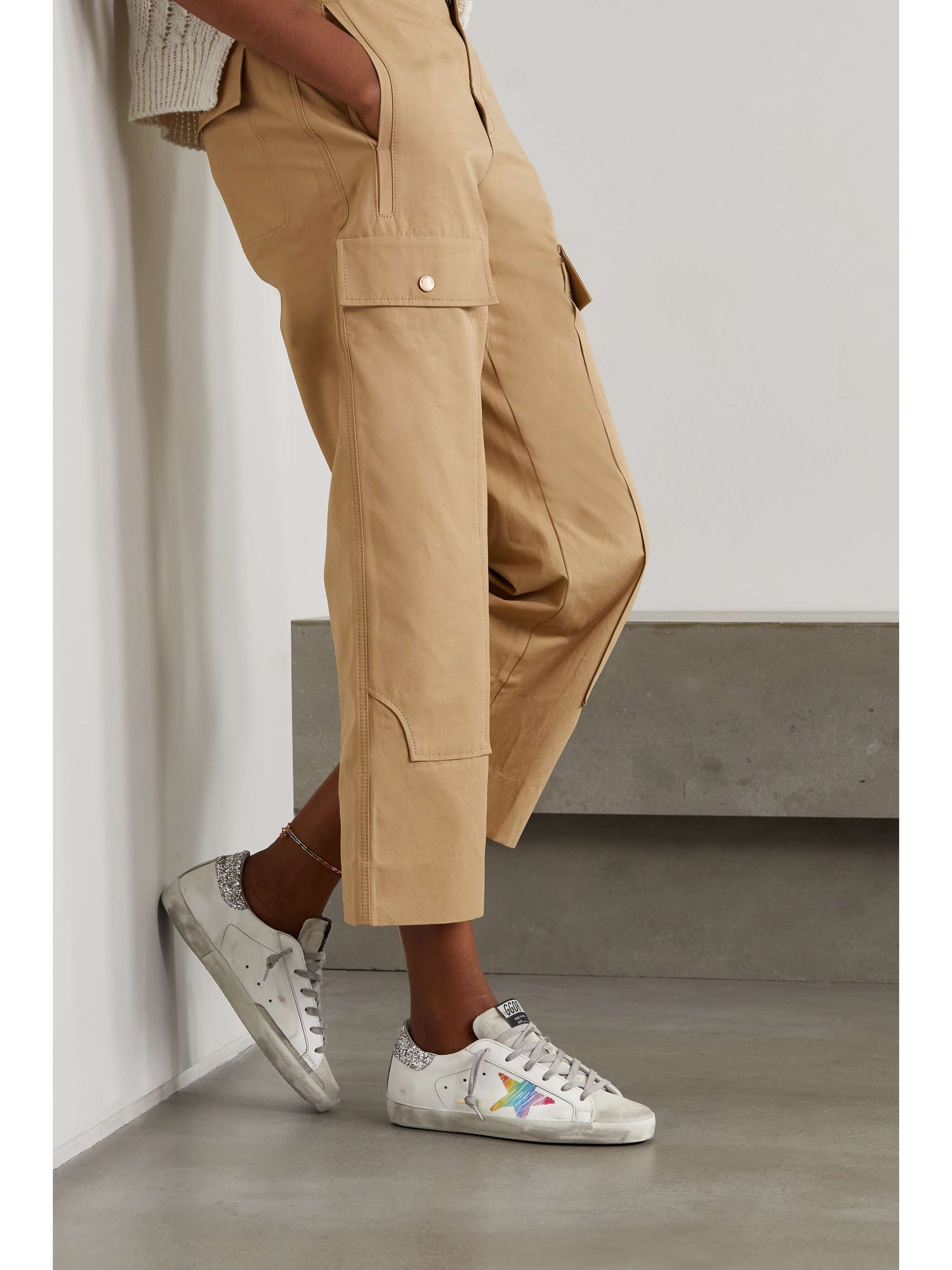 GOLDEN GOOSE Superstar glittered distressed leather and suede sneakers