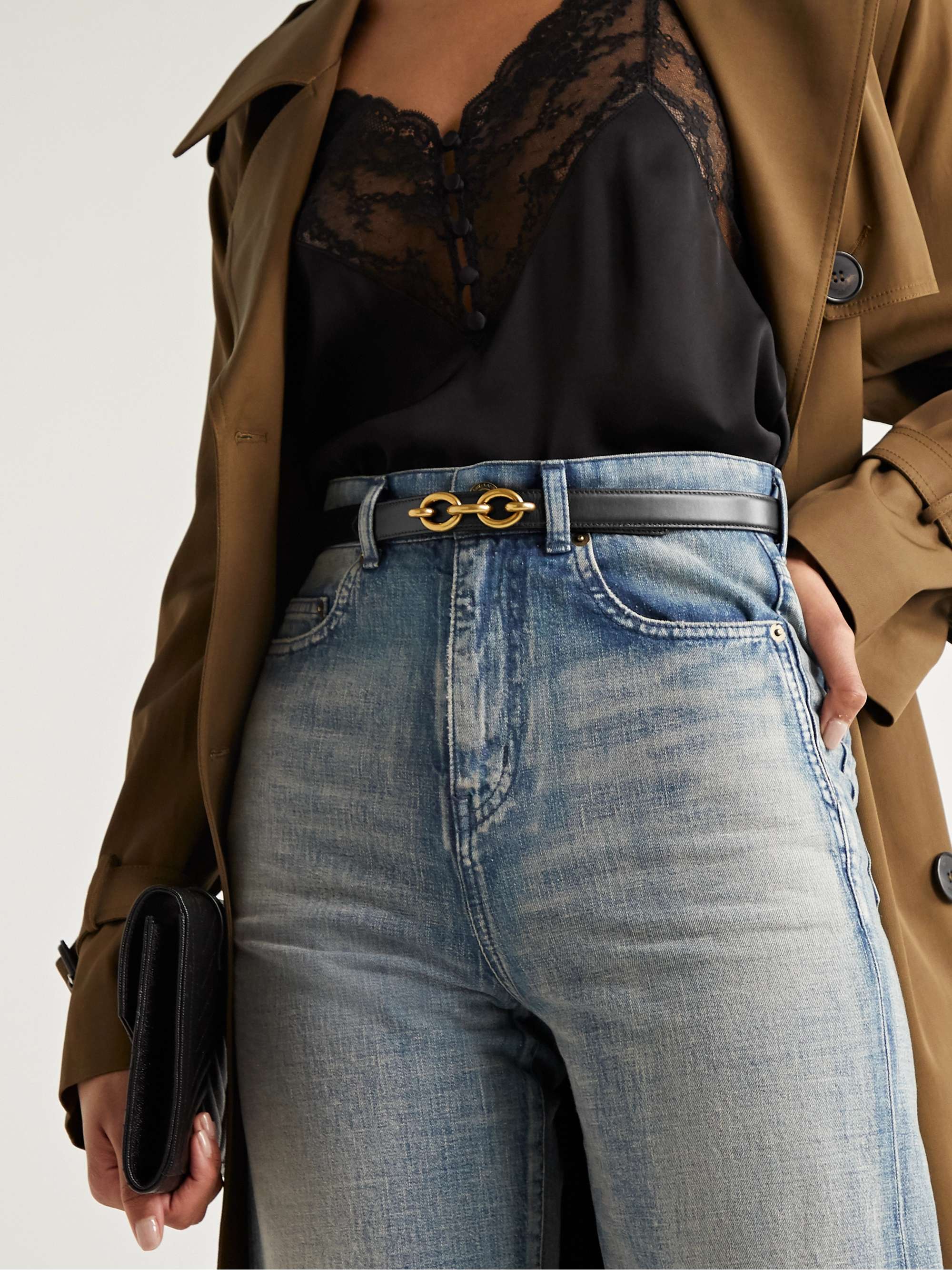 Chain-embellished leather belt