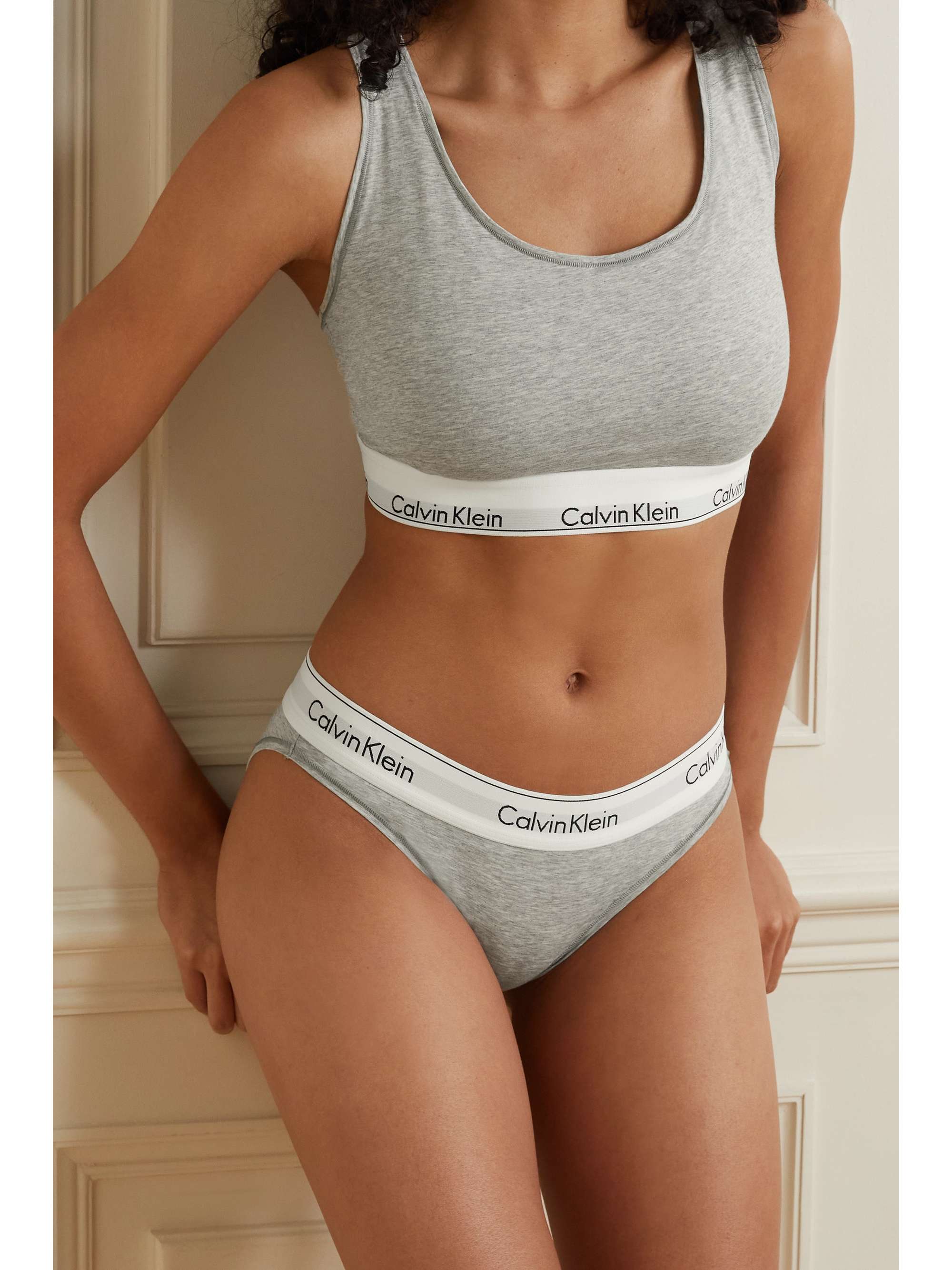 Calvin Klein Cotton large logo detail triangle bralette in gray