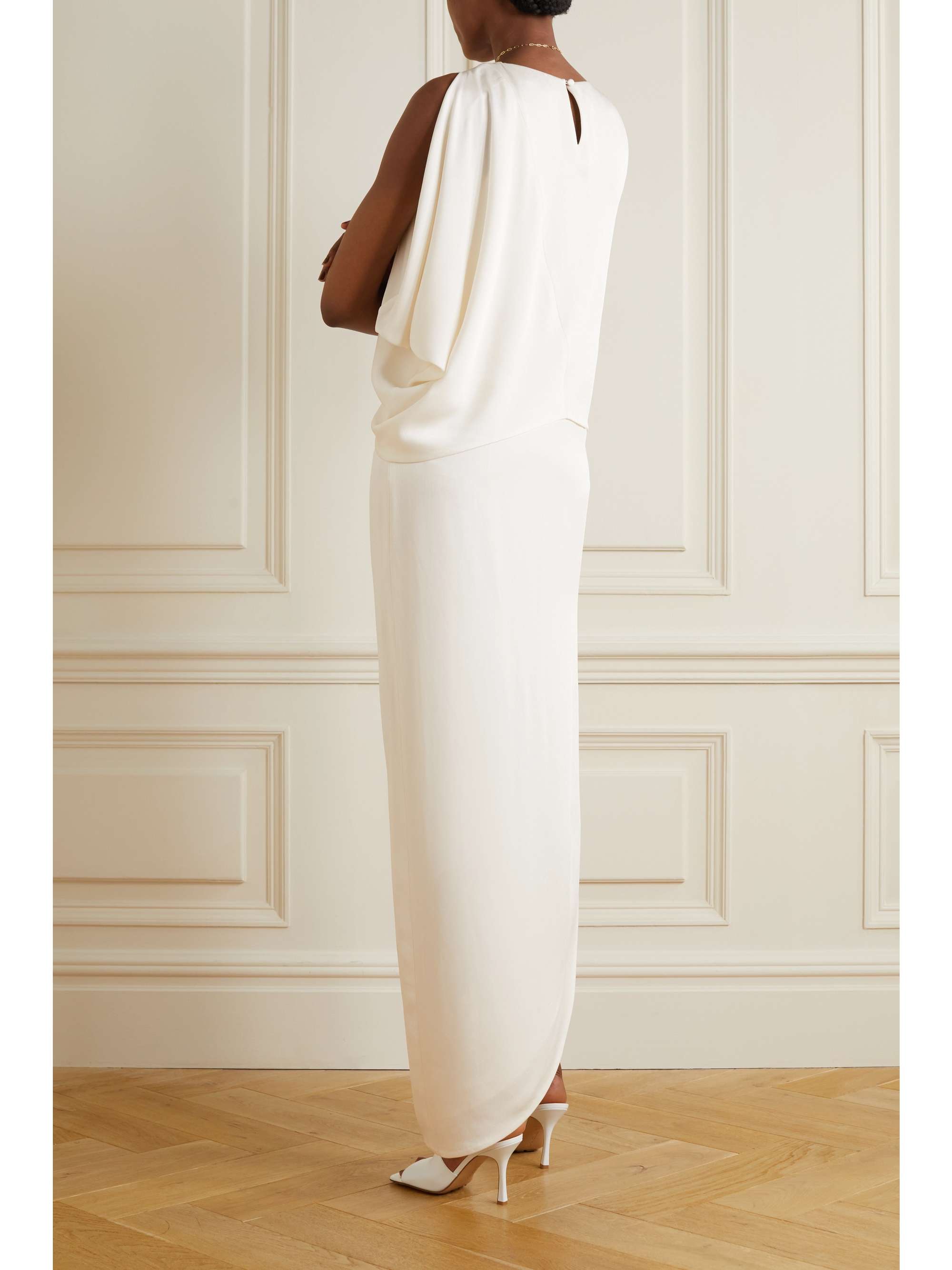 HALSTON Asymmetric draped crepe maxi dress