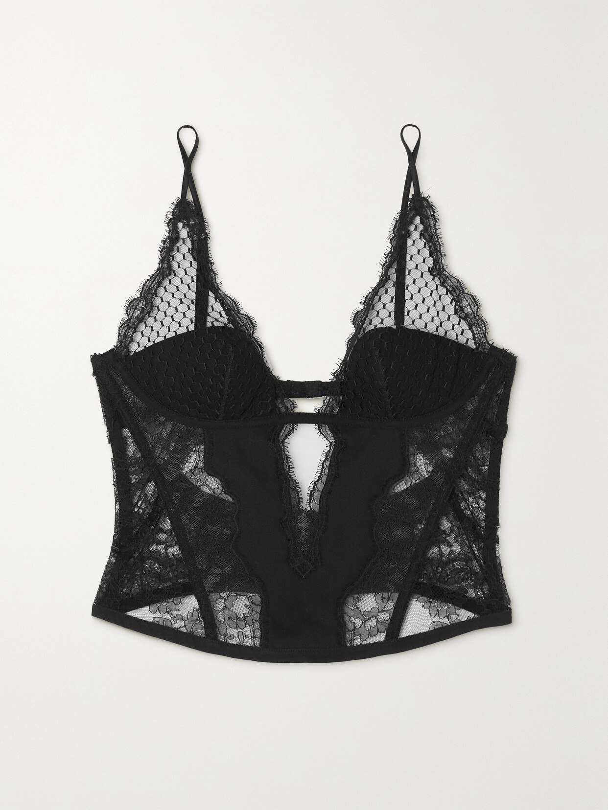 La Perla Honeycomb Shadows Cutout Leavers Lace, Tulle And Stretch-silk Bustier Top In Black