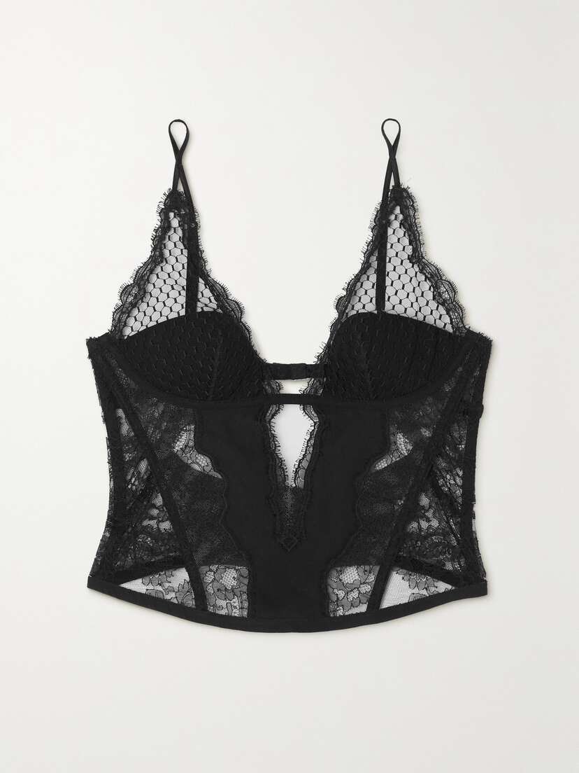 La Perla Honeycomb Shadows Cutout Leavers Lace, Tulle And Stretch-silk Bustier Top