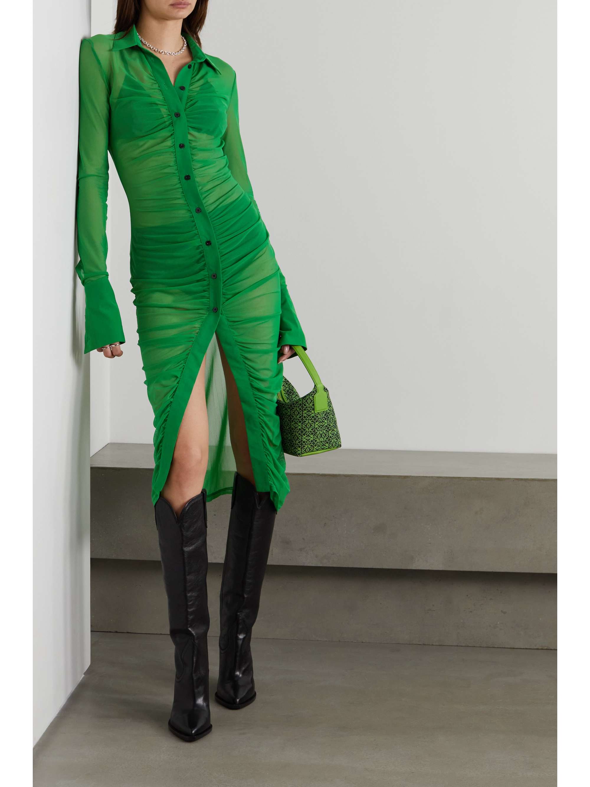 Richard Quinn green shirt dress cut from stretch-mesh that's beautifully ruched through the front. Midid length, long sleeves, shirt collar. 