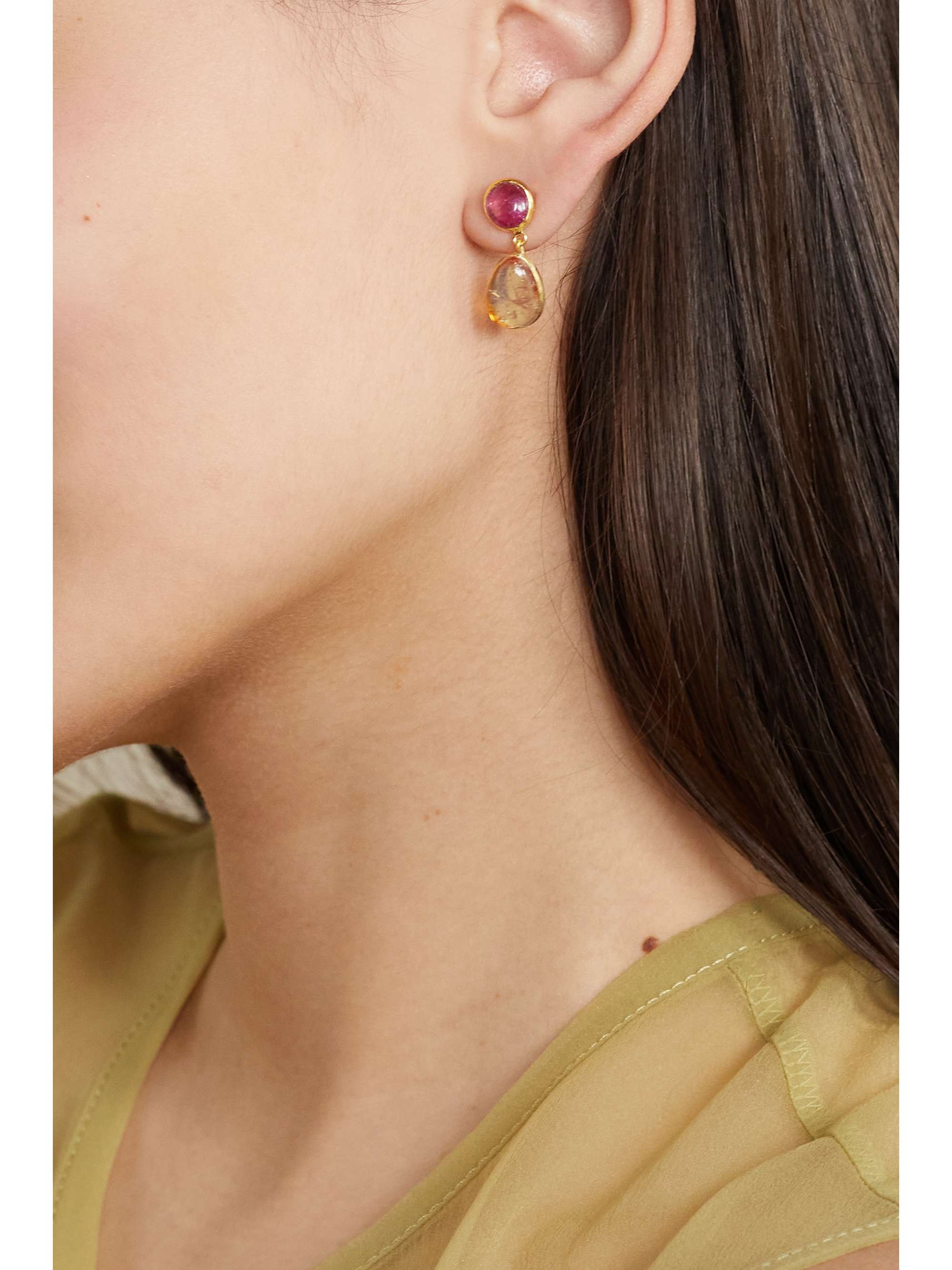 PIPPA SMALL Double Drop 18-karat gold, tourmaline and garnet earrings
