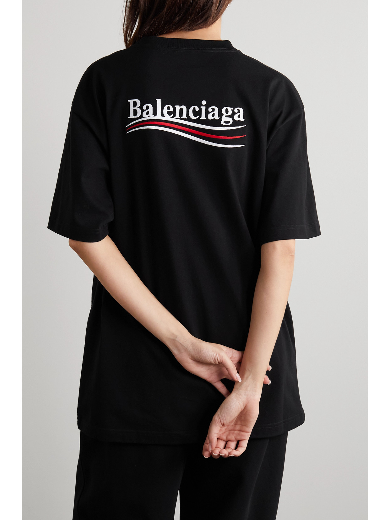 Shop Balenciaga Oversized Embroidered Cotton-jersey T-shirt In Black