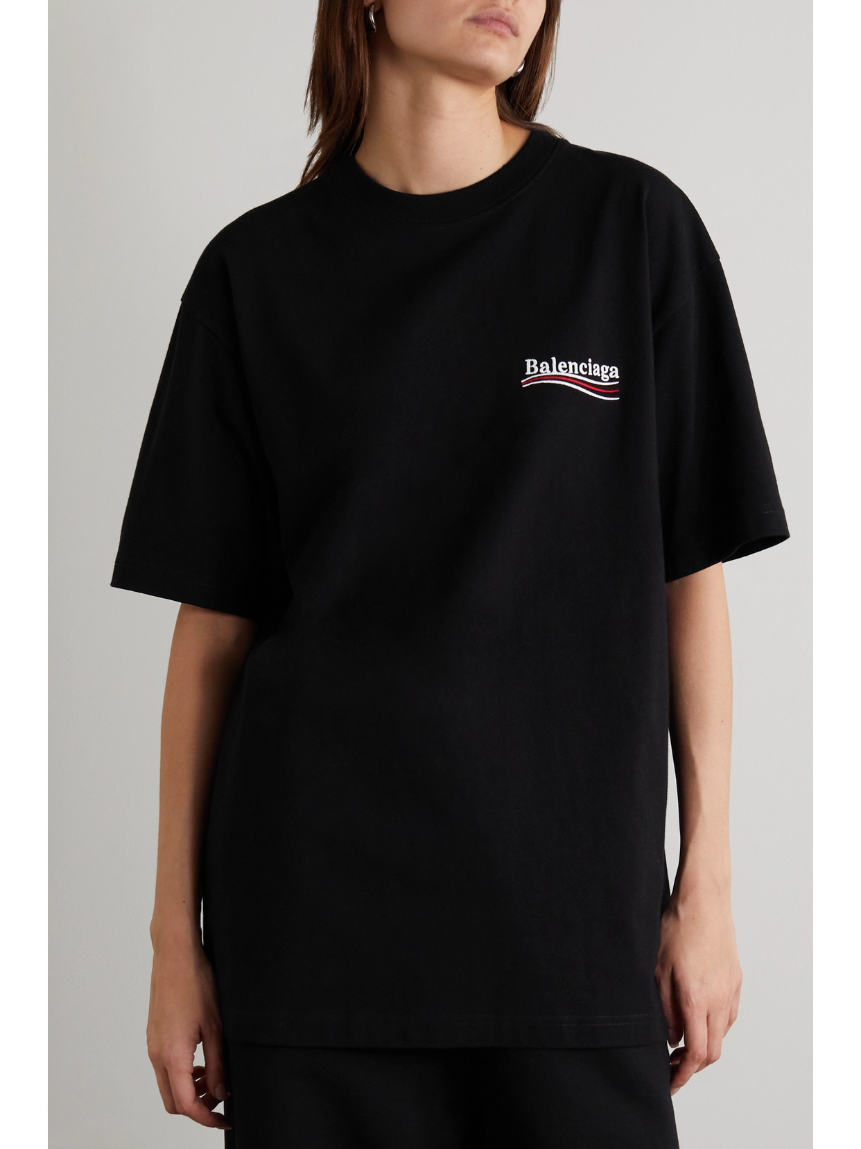 Shop Balenciaga Oversized Embroidered Cotton-jersey T-shirt In Black