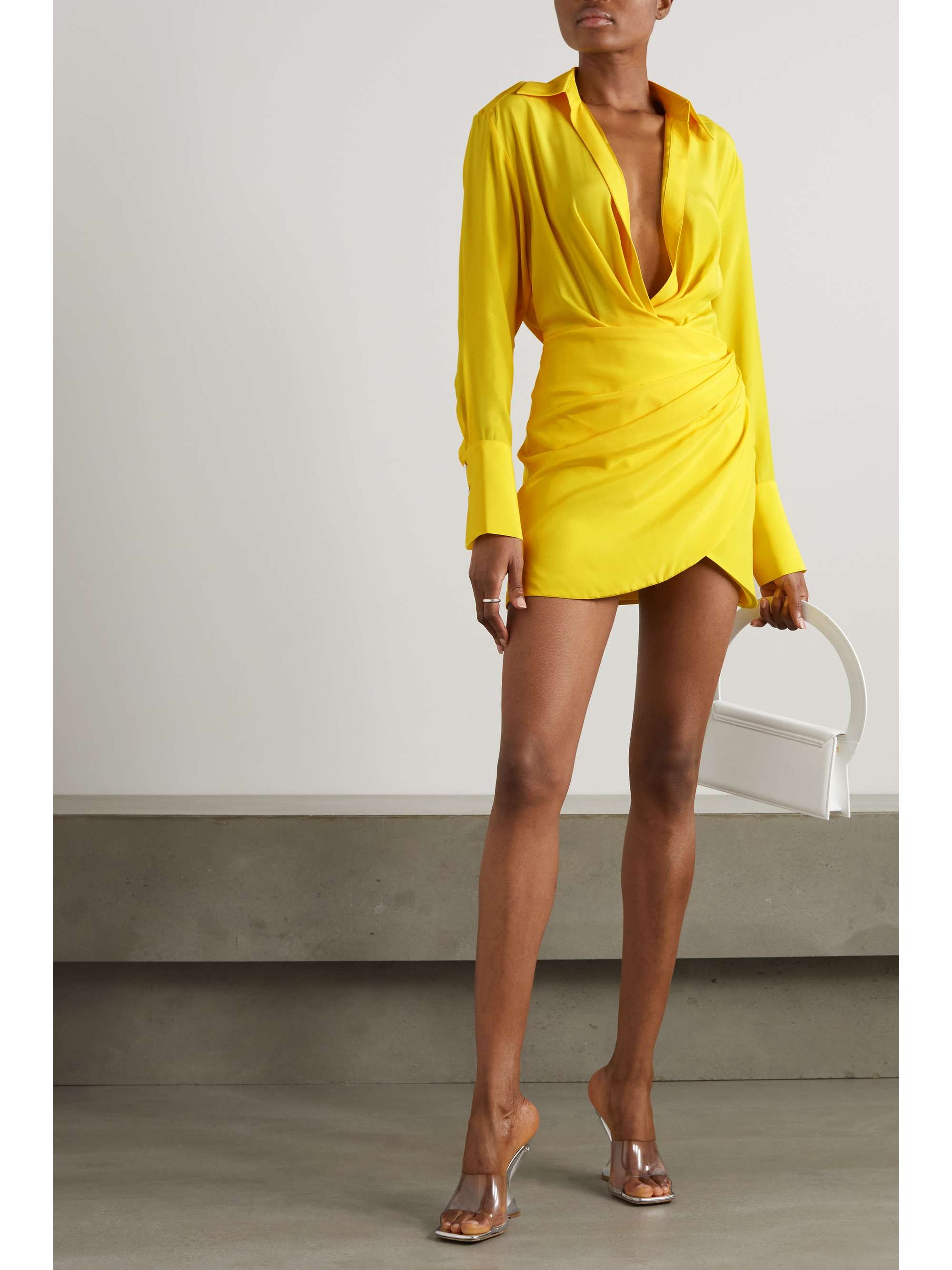 Yellow Naha draped silk-satin mini ...