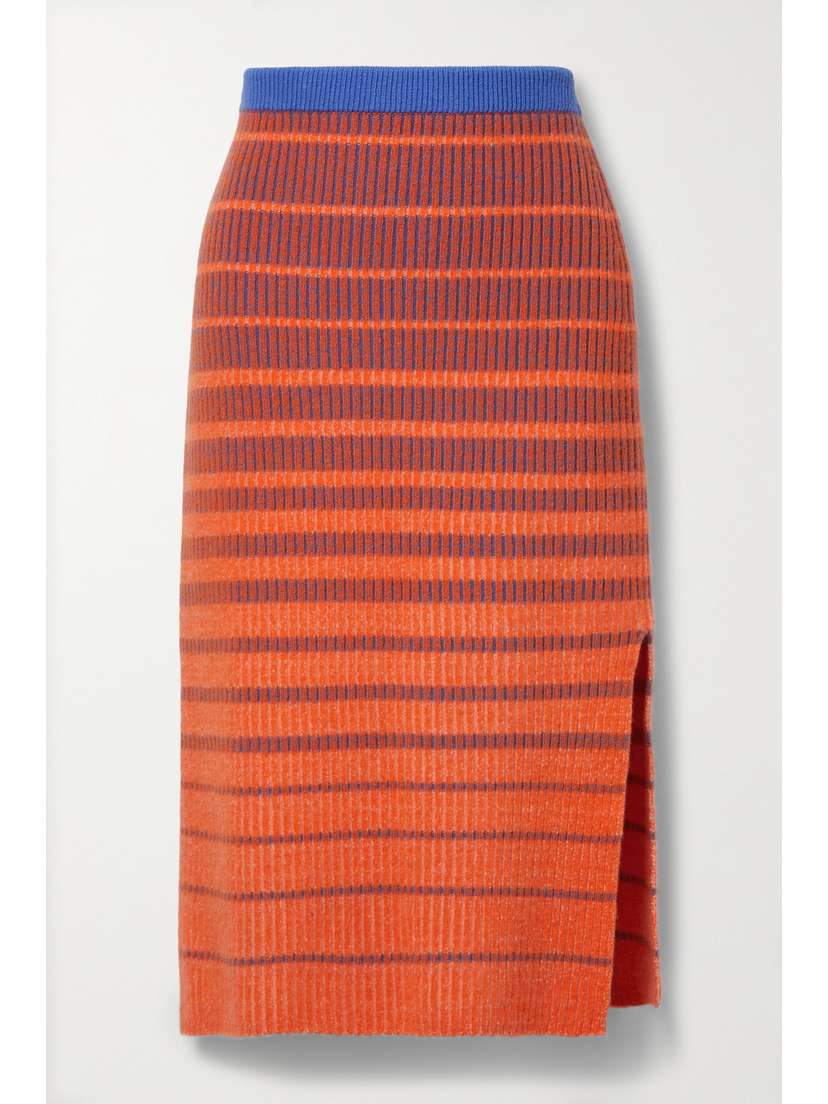 The Elder Statesman Striped Ribbed Cashmere Midi Skirt