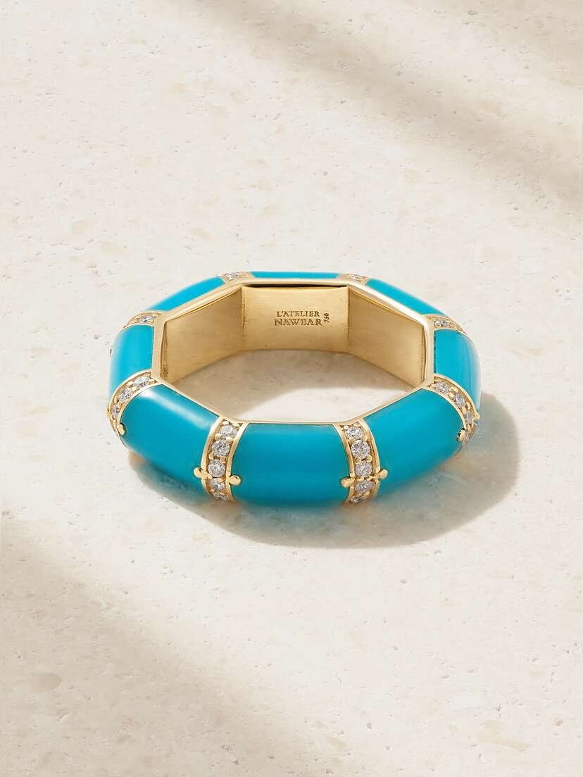 L’Atelier Nawbar Bamboo 18-karat Gold, Turquoise And Diamond Ring