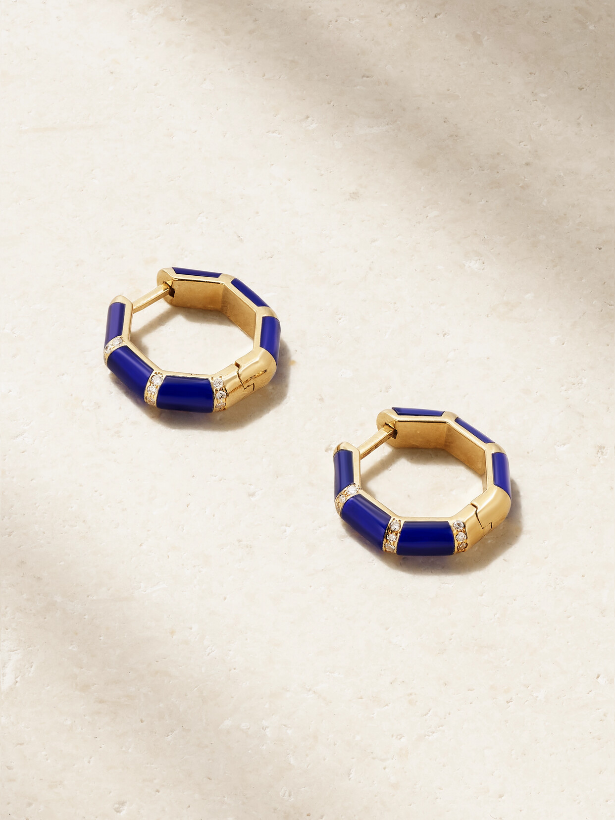 L'atelier Nawbar Bamboo 18-karat Gold, Lapis Lazuli And Diamond Hoop Earrings