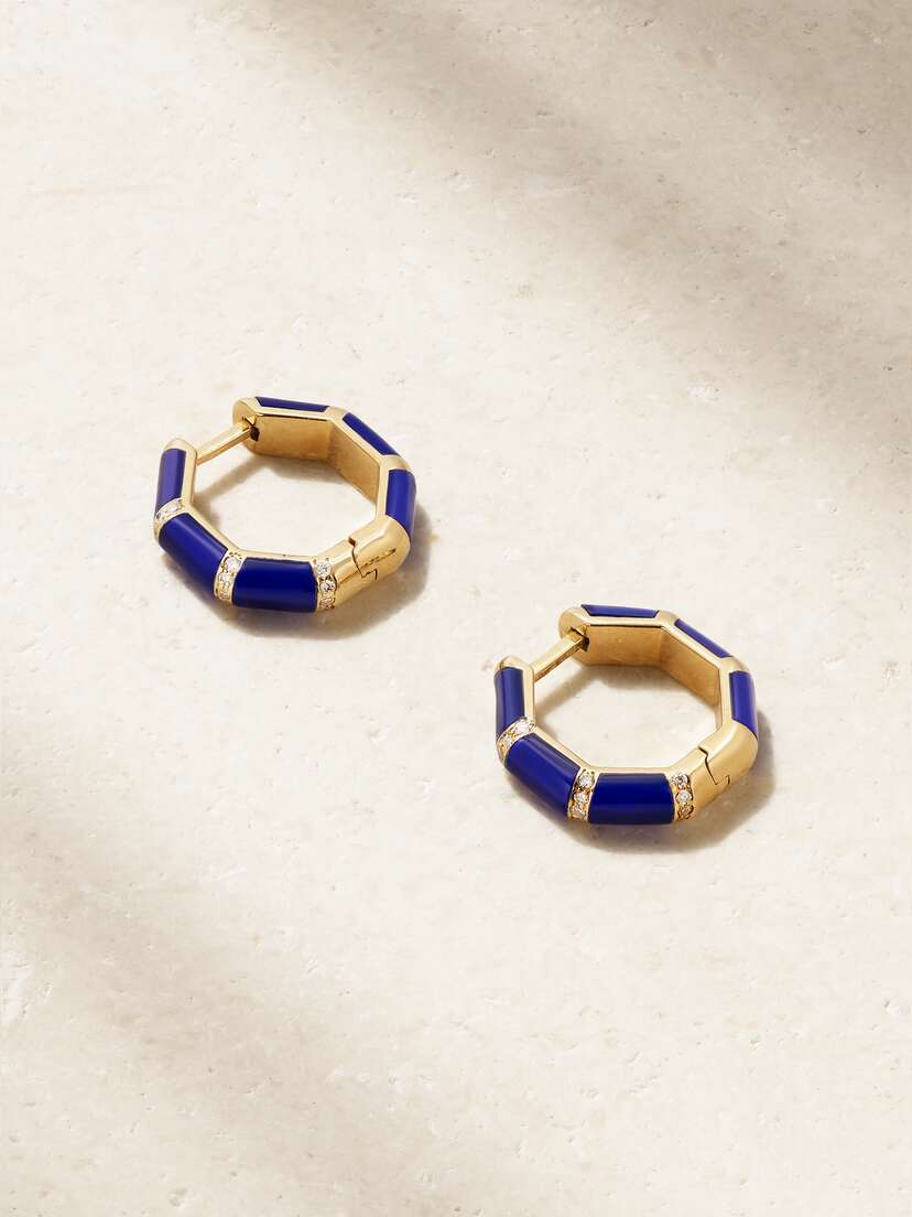 L’Atelier Nawbar Bamboo 18-karat Gold, Lapis Lazuli And Diamond Hoop Earrings