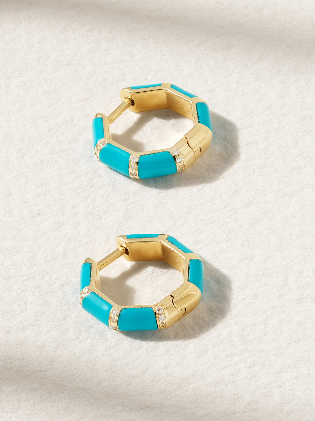 L'atelier Nawbar Bamboo 18-karat Gold, Turquoise And Diamond Hoop Earrings