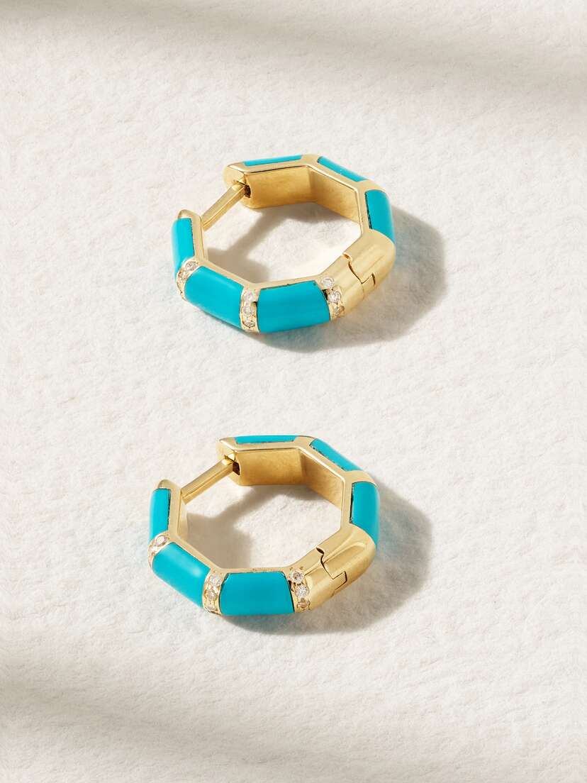 L’Atelier Nawbar Bamboo 18-karat Gold, Turquoise And Diamond Hoop Earrings