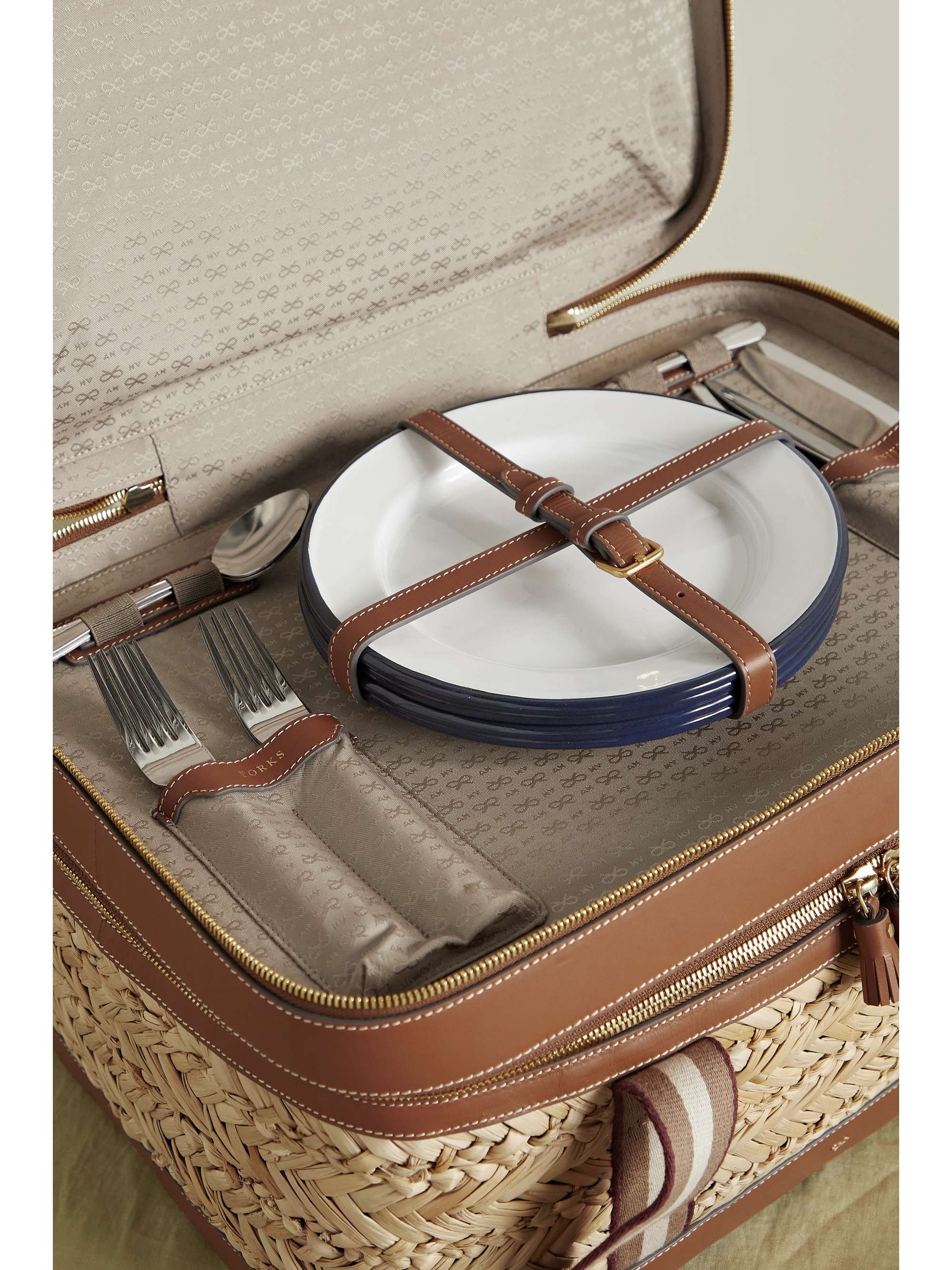 ANYA HINDMARCH Eyes leather-trimmed straw picnic set