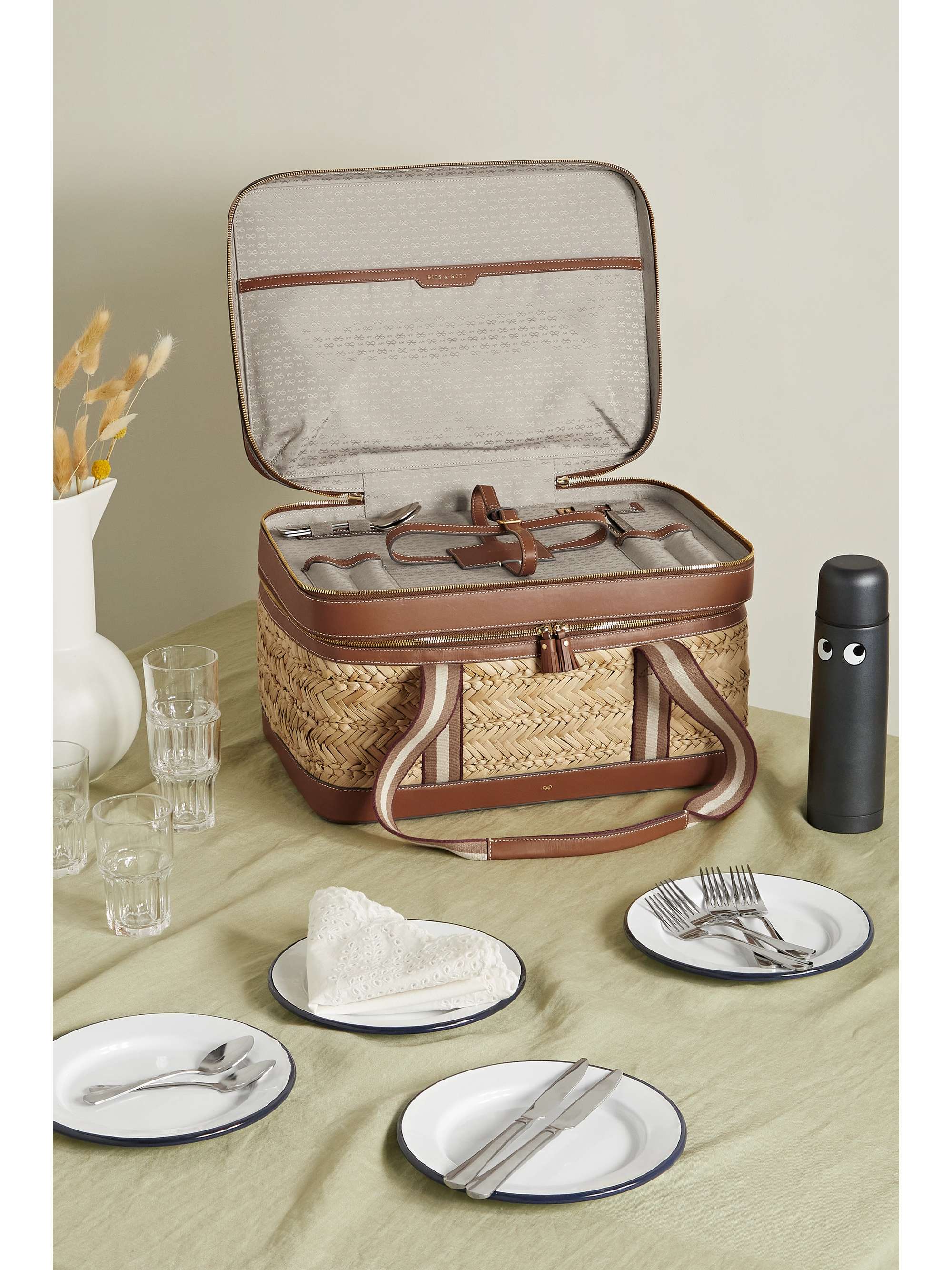 ANYA HINDMARCH Eyes leather-trimmed straw picnic set