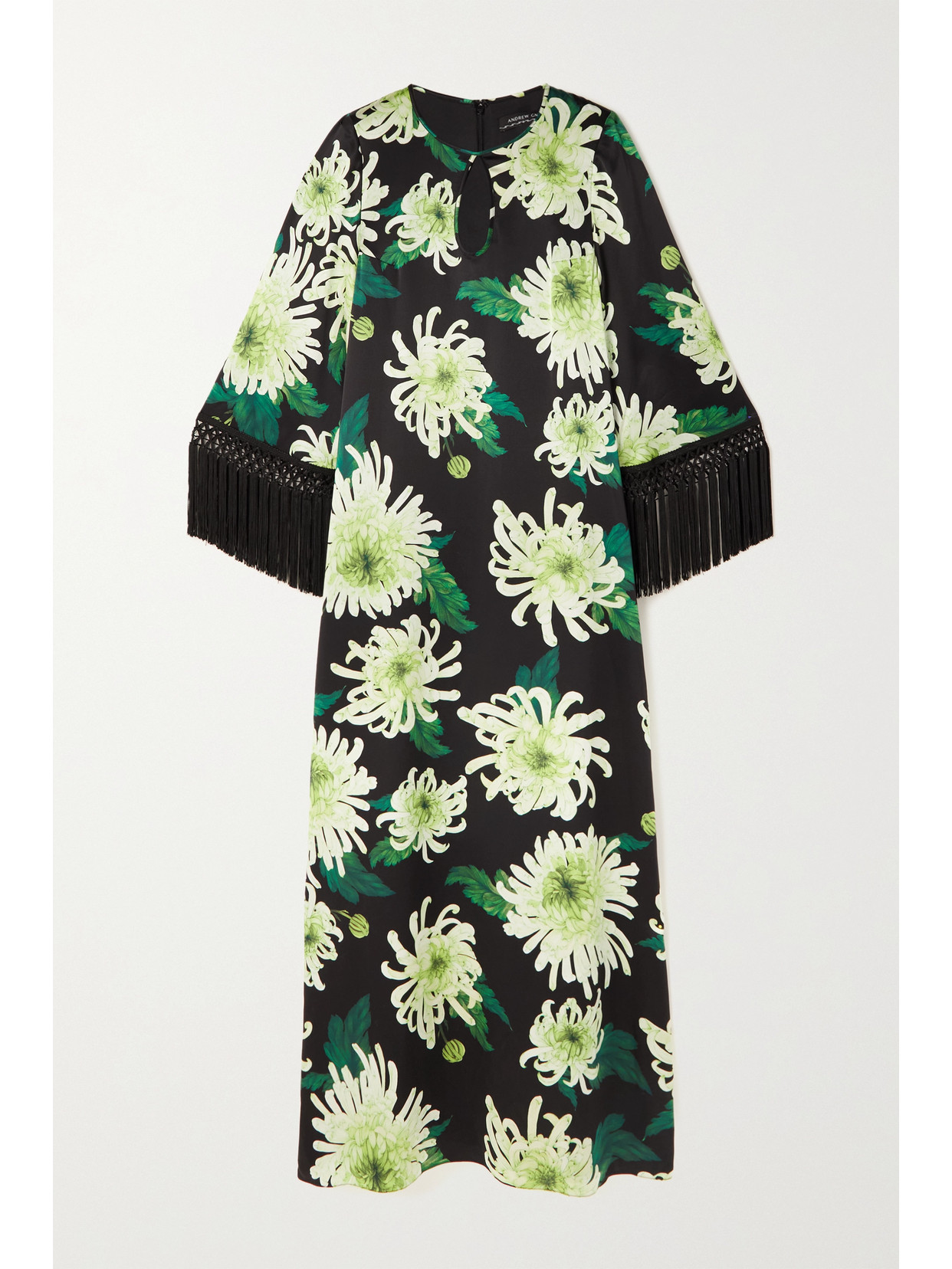 Andrew Gn Cutout Fringed Floral-print Silk-satin Gown - Black