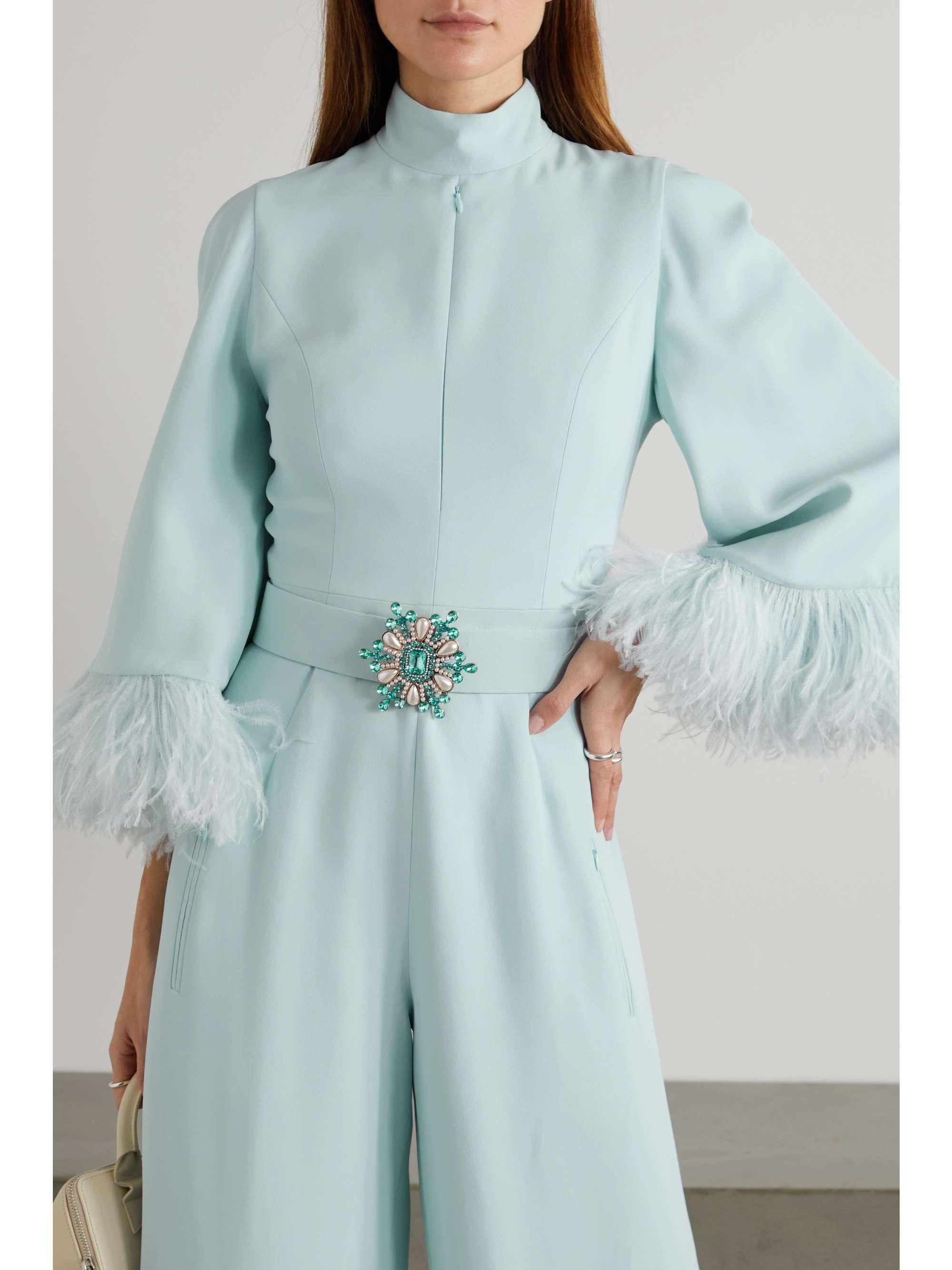 ANDREW GN Belted feather-trimmed embellished crepe jumpsuit