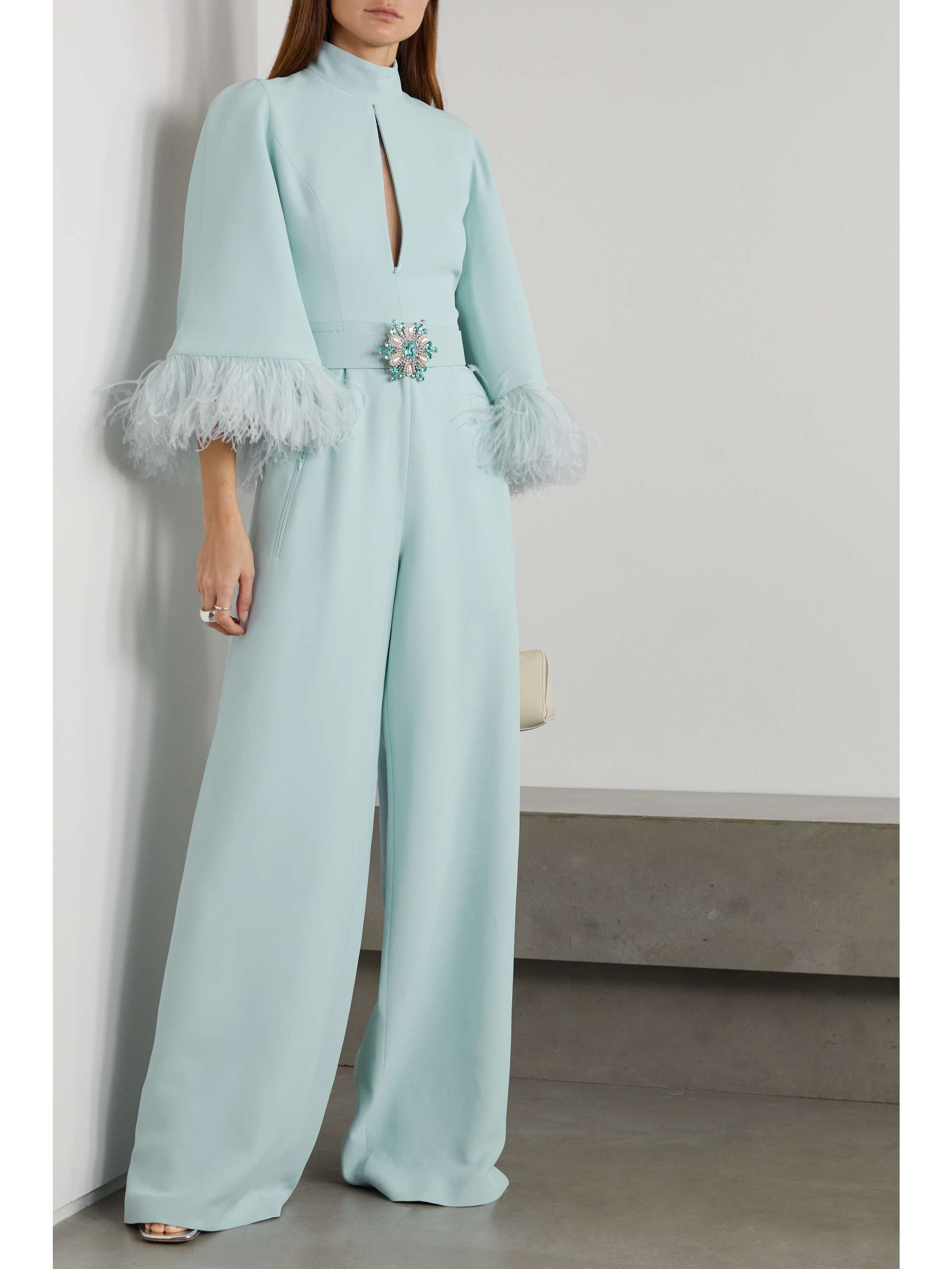 ANDREW GN Belted feather-trimmed embellished crepe jumpsuit