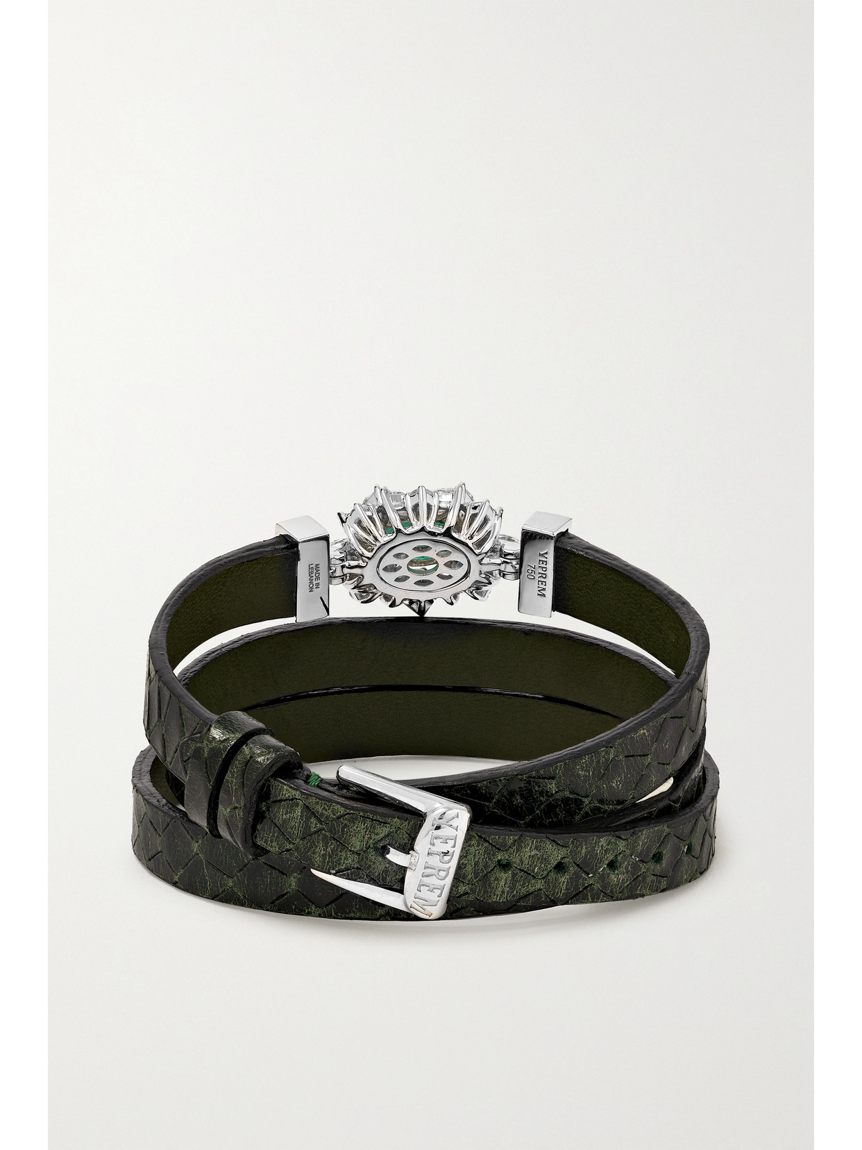 YEPREM 18-KARAT WHITE AND YELLOW GOLD, SNAKE-EFFECT LEATHER, DIAMOND AND EMERALD BRACELET