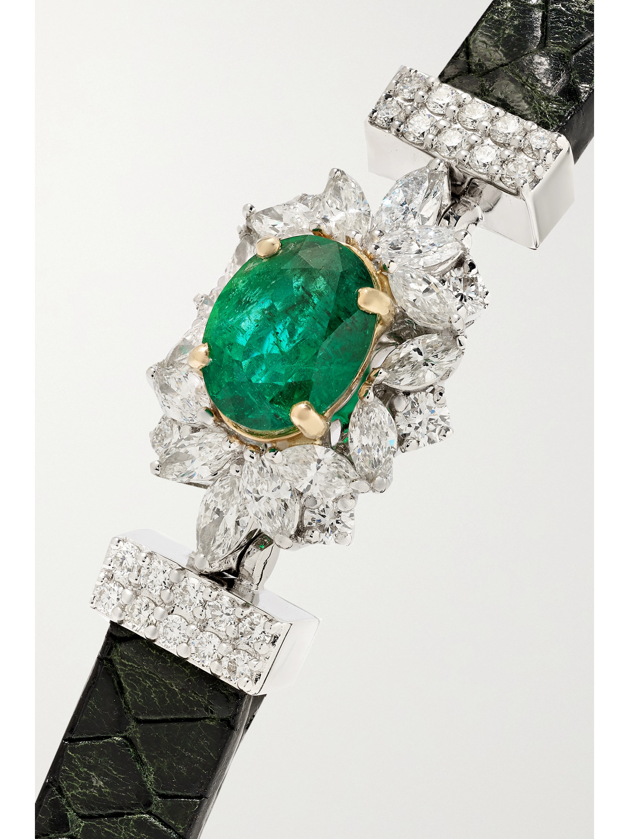 YEPREM 18-KARAT WHITE AND YELLOW GOLD, SNAKE-EFFECT LEATHER, DIAMOND AND EMERALD BRACELET