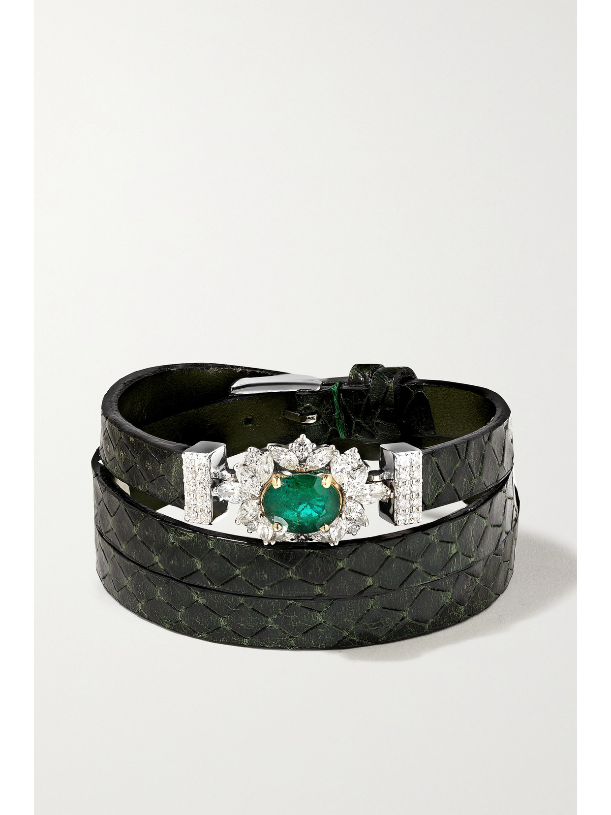 YEPREM 18-KARAT WHITE AND YELLOW GOLD, SNAKE-EFFECT LEATHER, DIAMOND AND EMERALD BRACELET