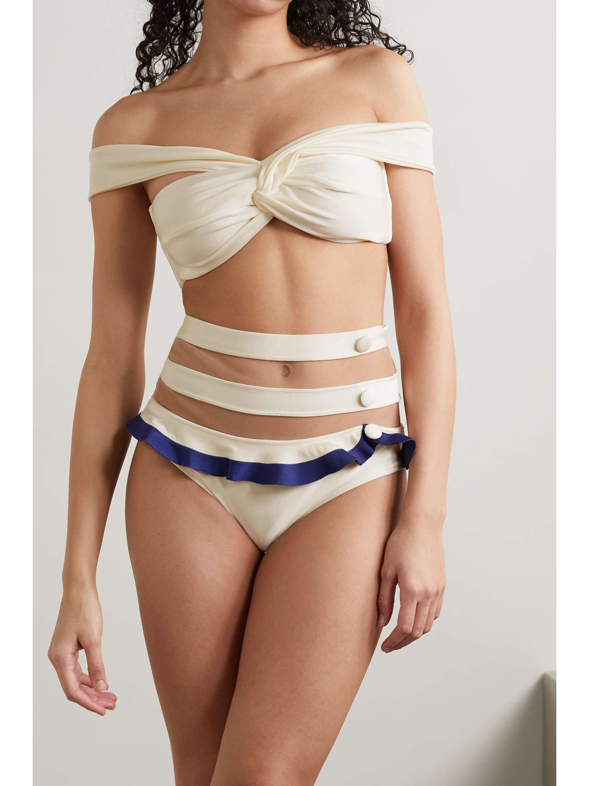 PATBO Tulle-trimmed ruffled bikini briefs